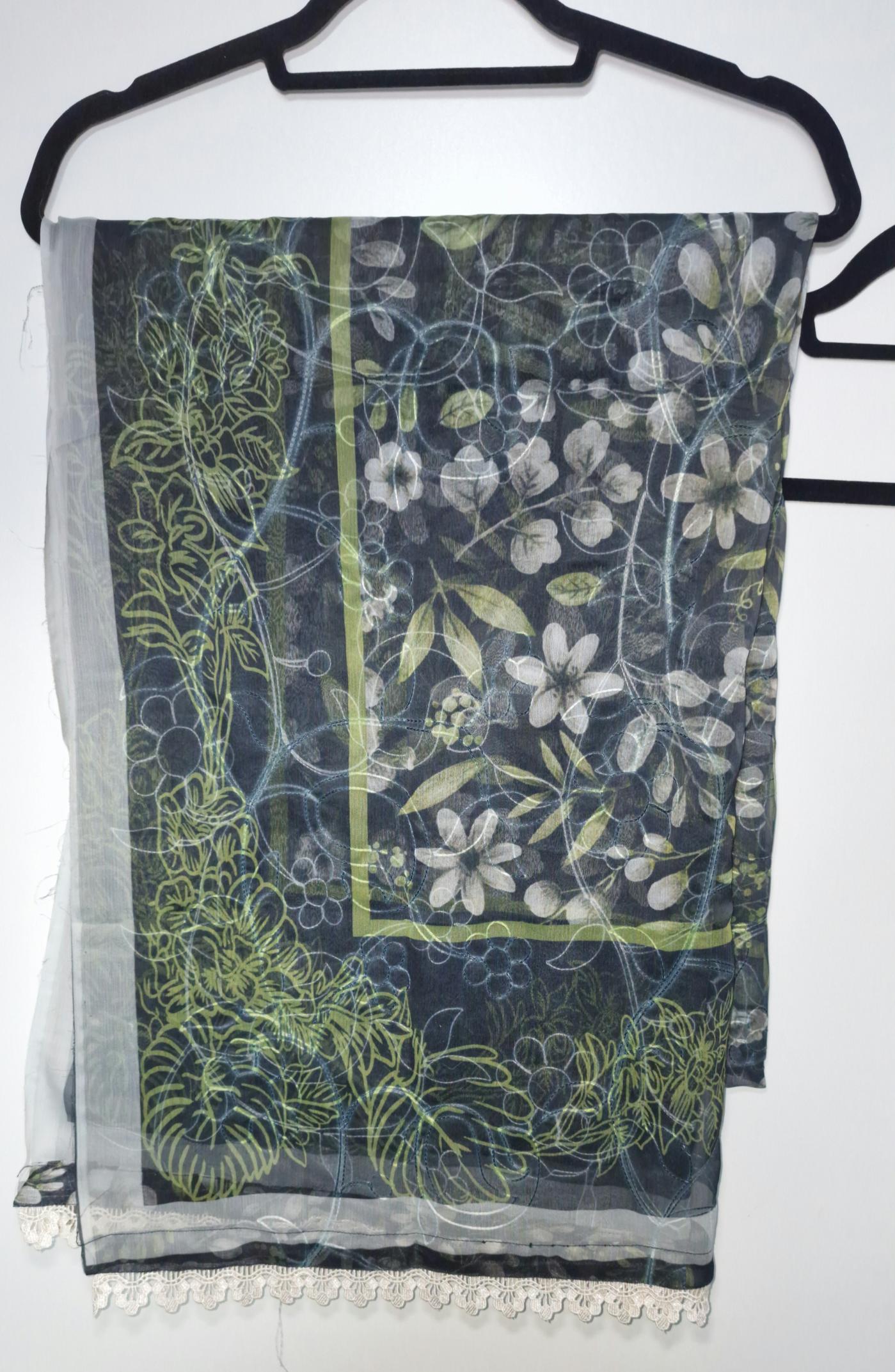 Lawn 3 Peice Suit- Chicken Kari suit/ greyish blue with soft white floral design