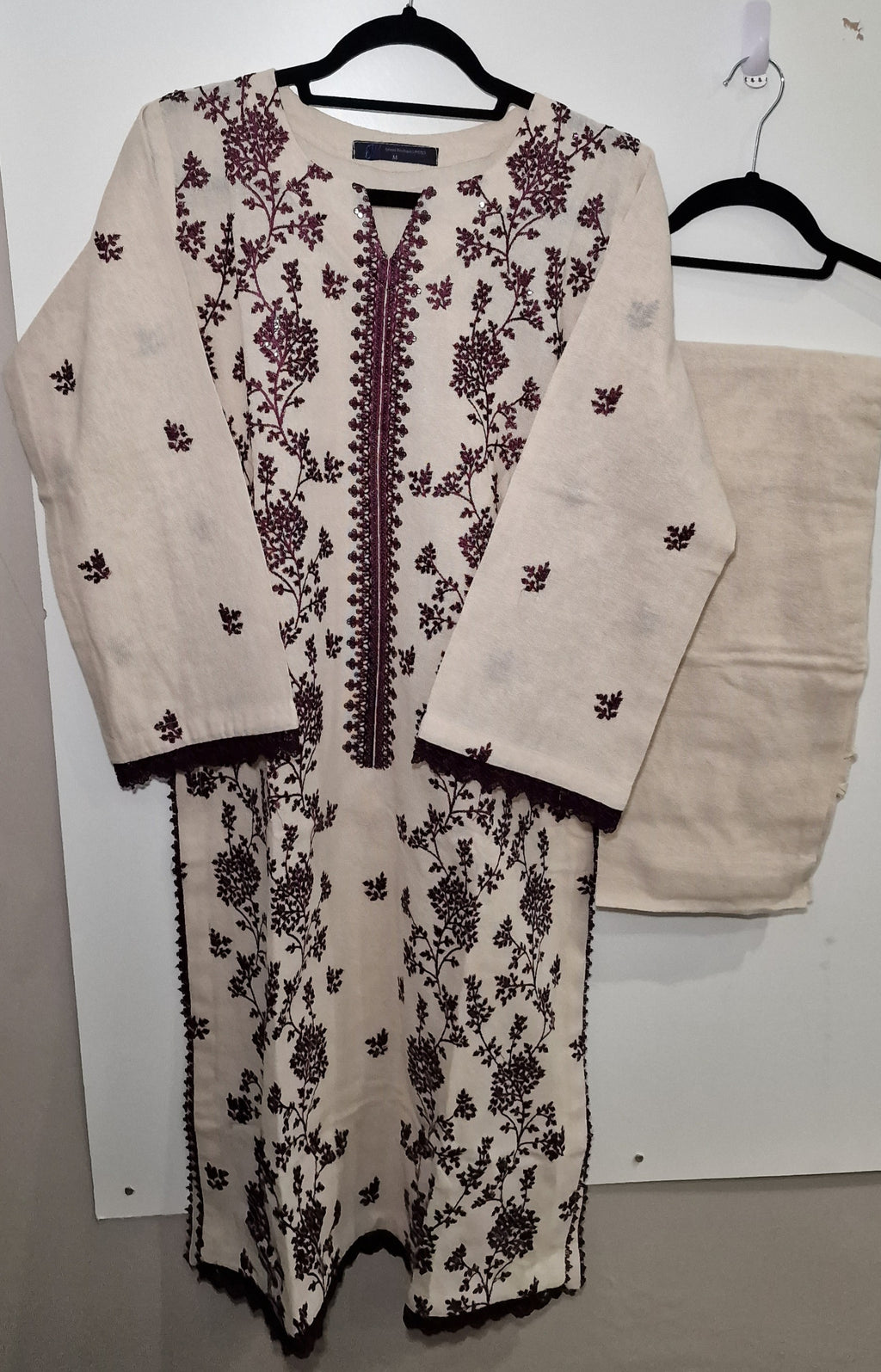Karandi 3 peice suit - Cream with Purple Embroidery