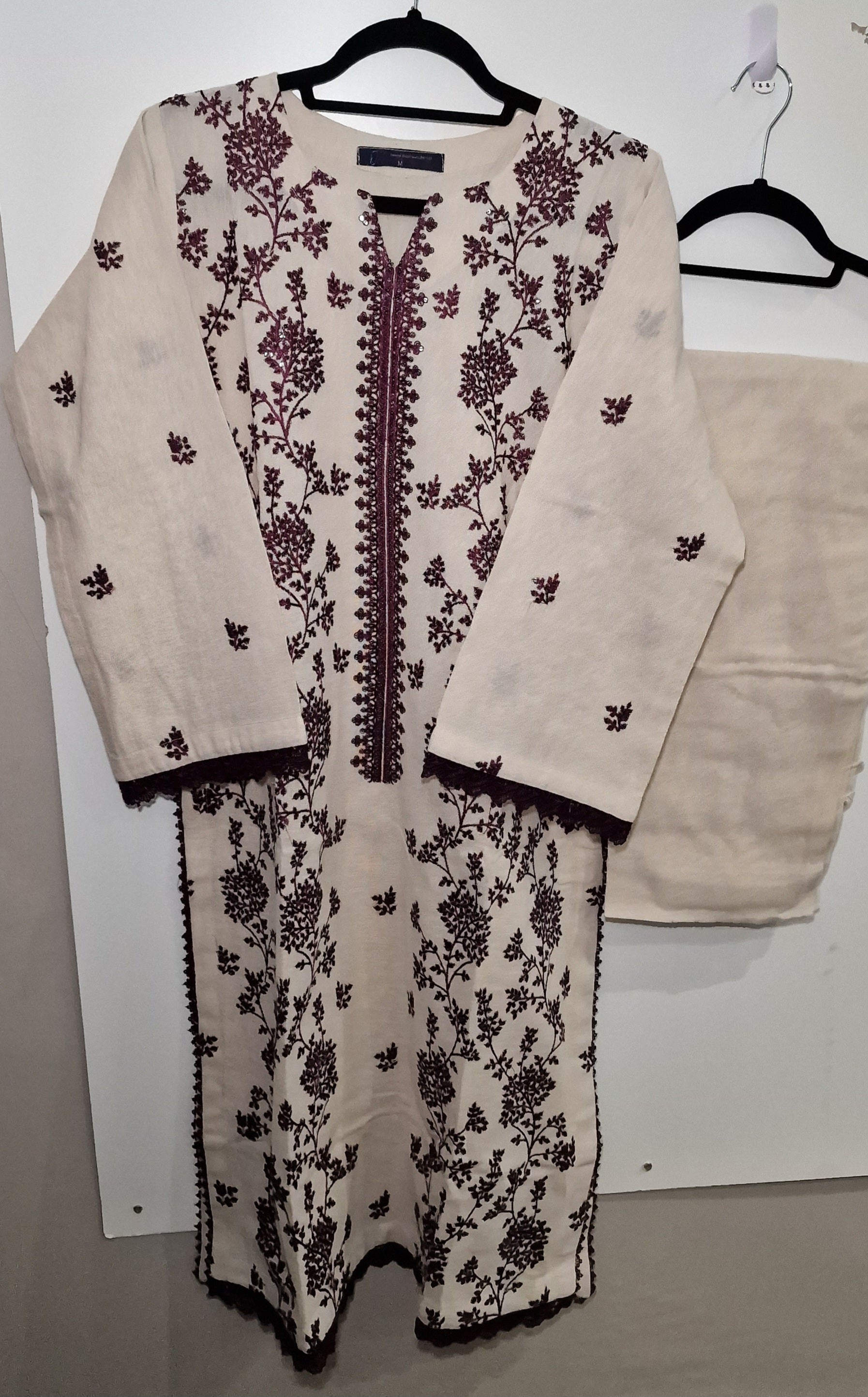 Karandi 3 peice suit - Cream with Purple Embroidery