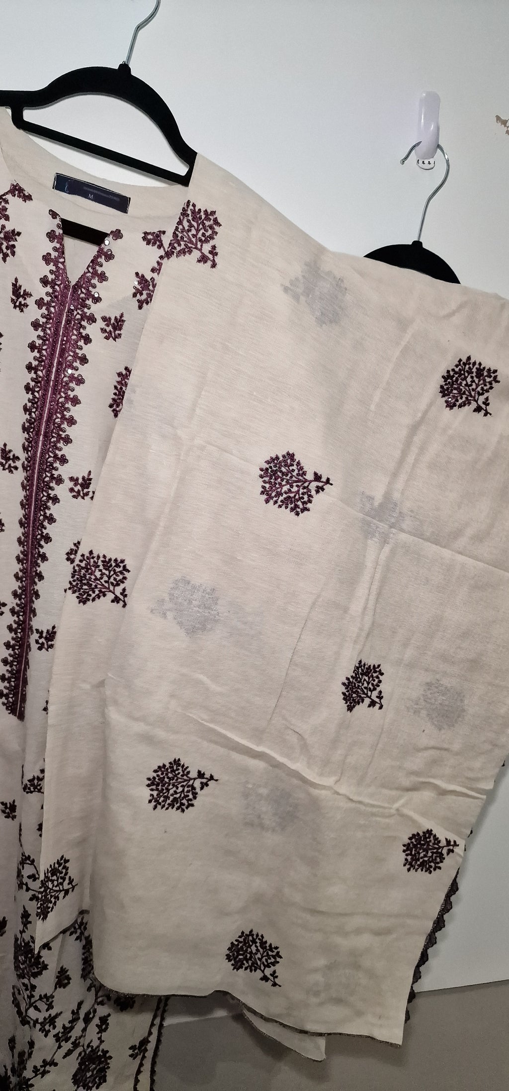 Karandi 3 peice suit - Cream with Purple Embroidery