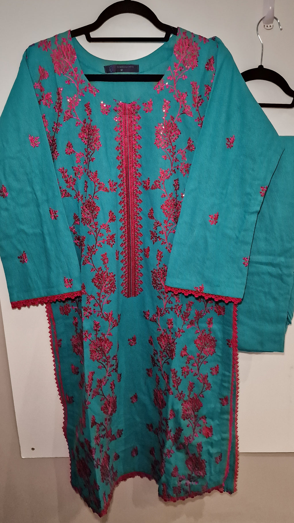 Karandi 3 Piece Suit - Blue with Pink Embroidery Suit