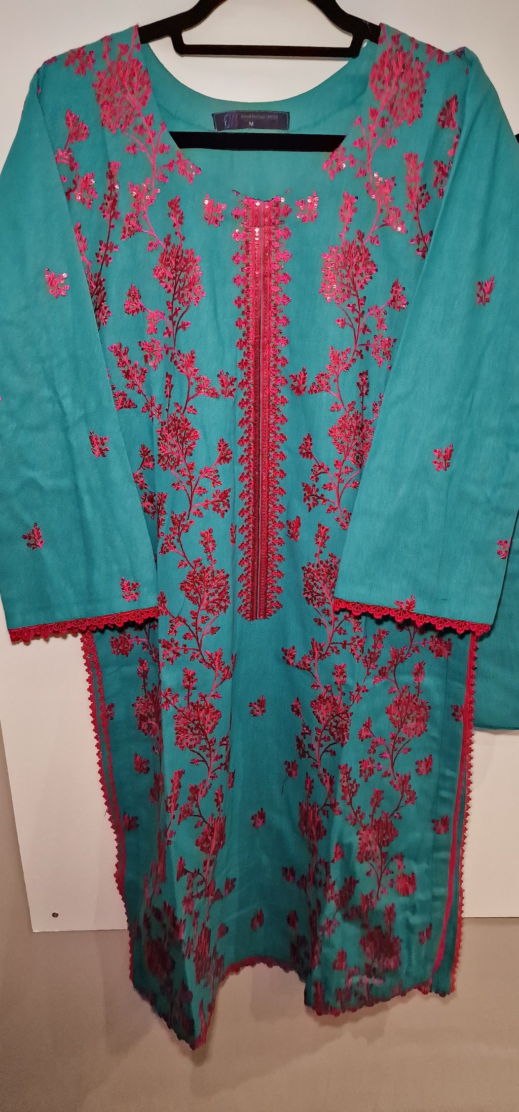 Karandi 3 Piece Suit - Blue with Pink Embroidery Suit