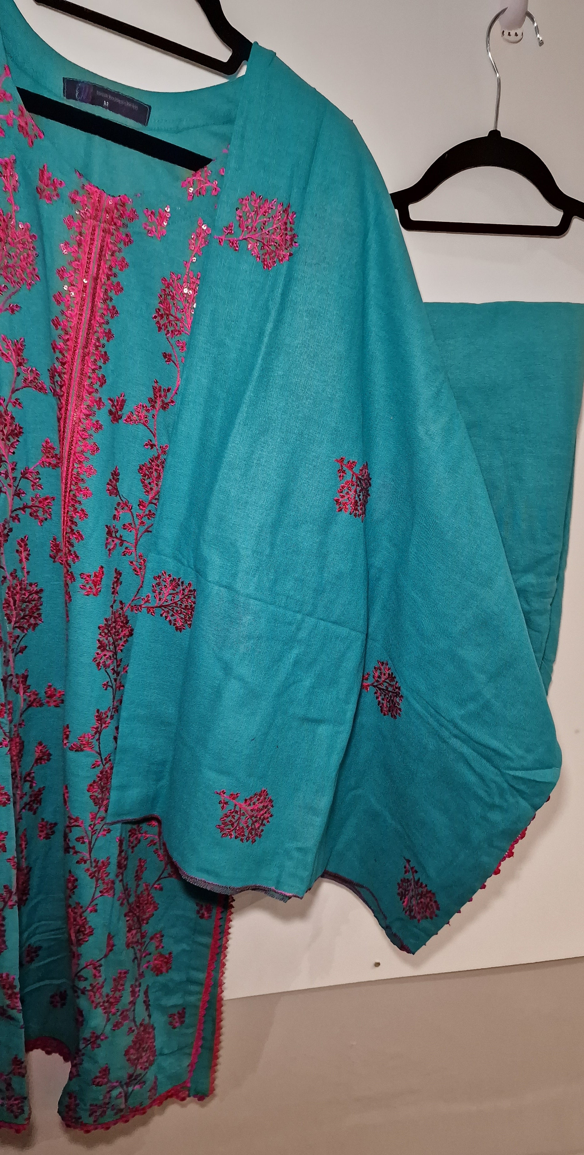 Karandi 3 Piece Suit - Blue with Pink Embroidery Suit