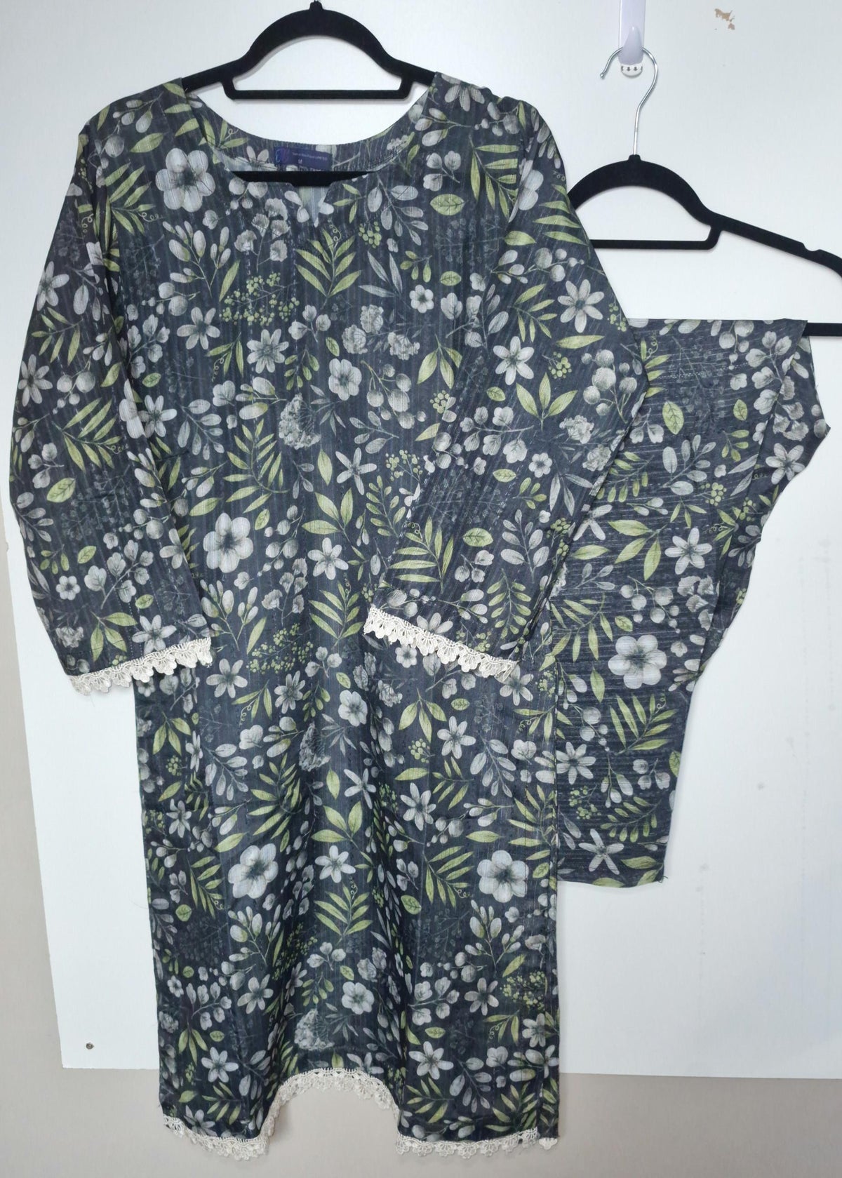 Lawn 3 Peice Suit- Chicken Kari suit/ greyish blue with soft white floral design