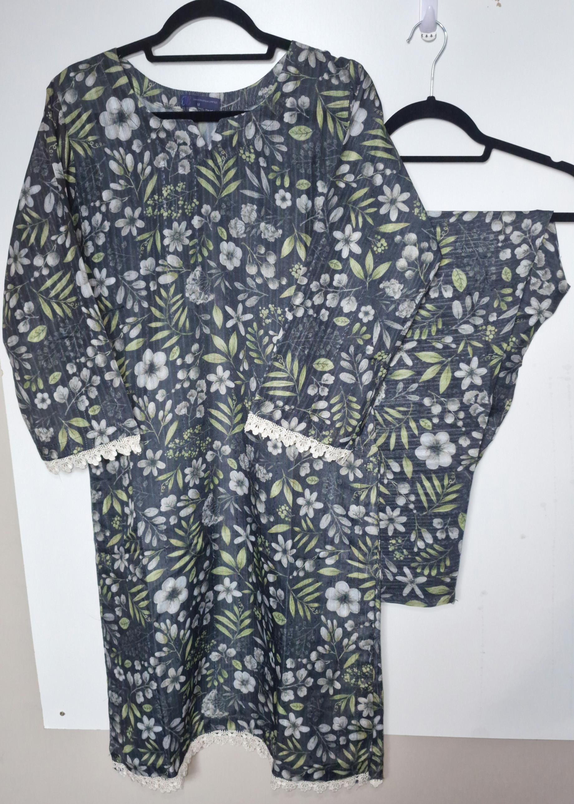 Lawn 3 Peice Suit- Chicken Kari suit/ greyish blue with soft white floral design