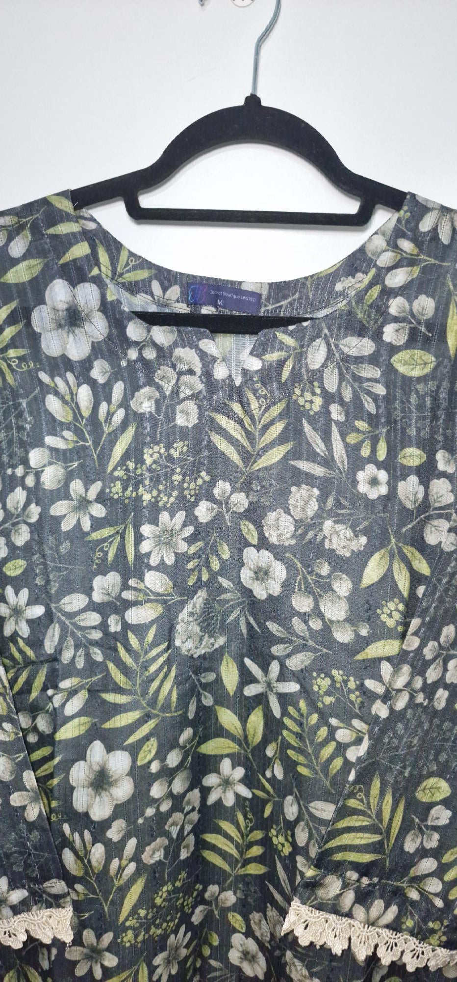 Lawn 3 Peice Suit- Chicken Kari suit/ greyish blue with soft white floral design