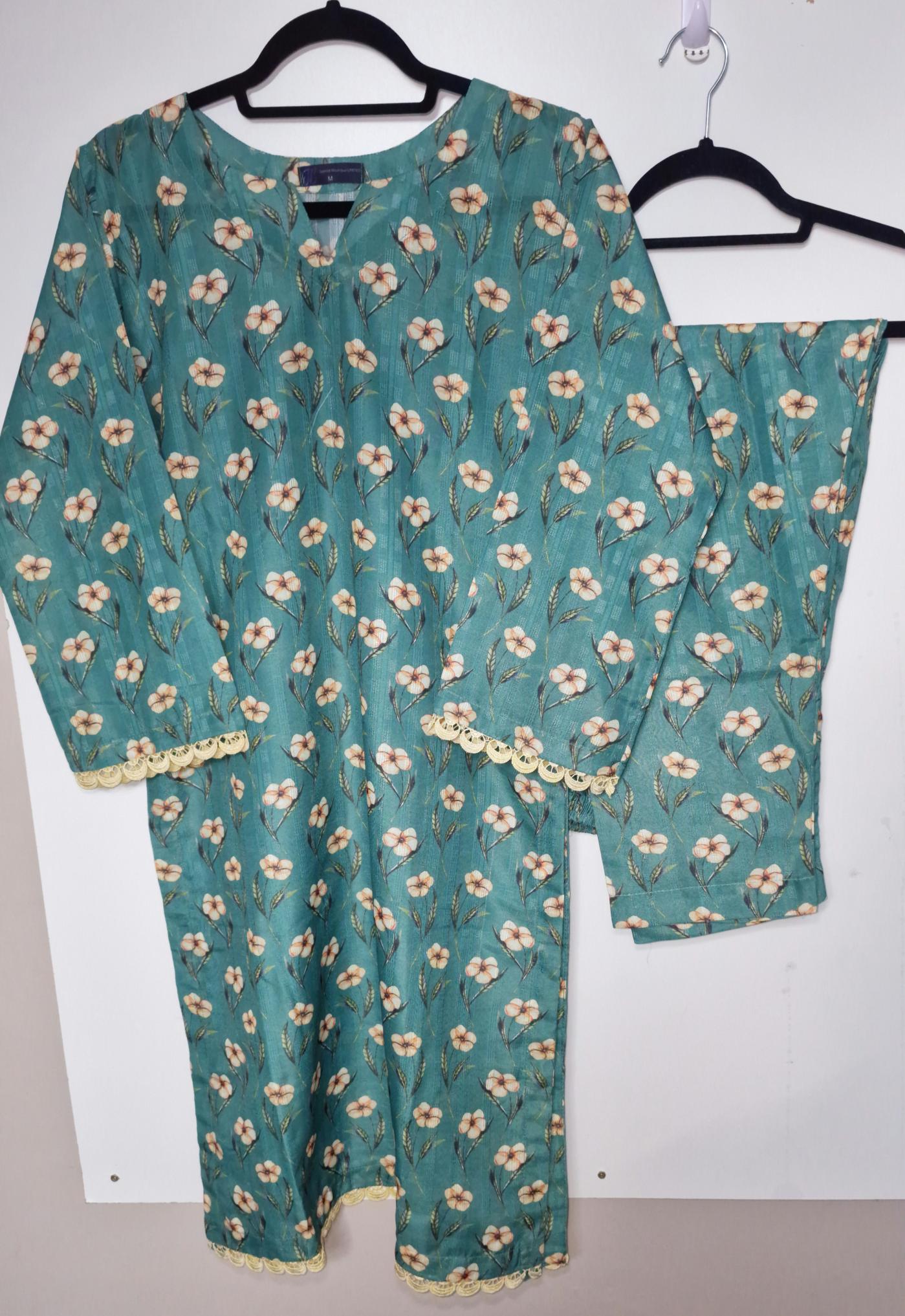 Lawn 3 Peice Suit- Chicken Kari greenish blue with floral design