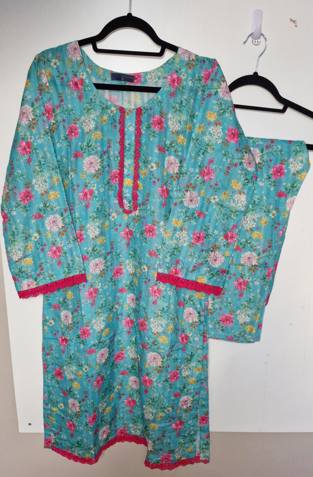 Lawn 3 Peice Suit - Chicken Kari blue with multi flowers
