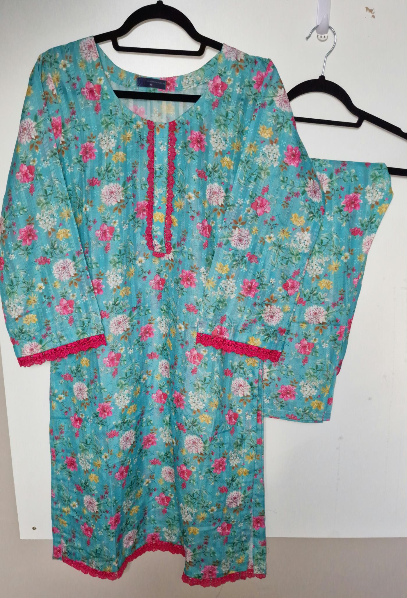 Lawn 3 Peice Suit - Chicken Kari blue with multi flowers