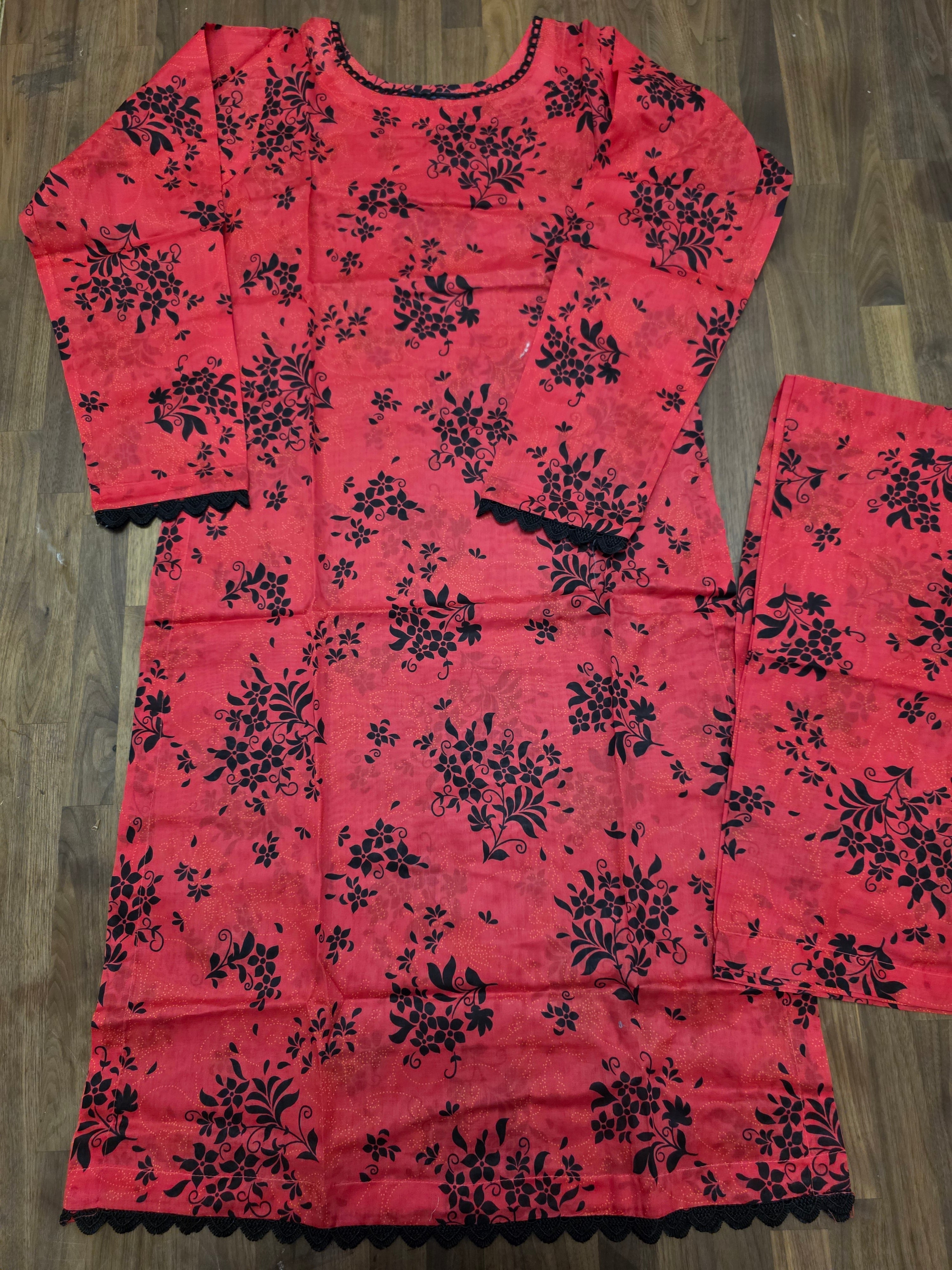 2 Piece Lawn Suit- Hot Pink/ Black Floral Print