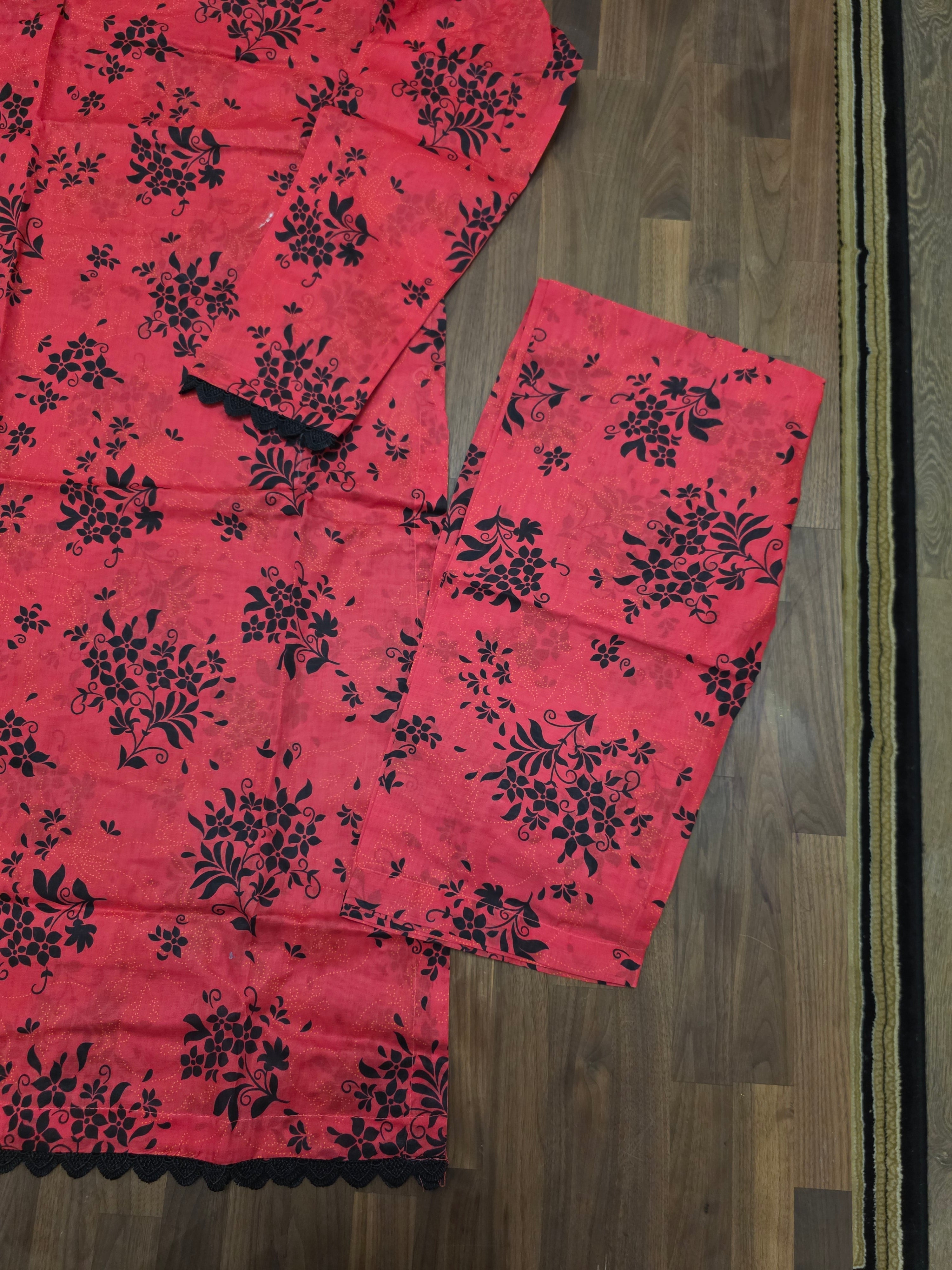 2 Piece Lawn Suit- Hot Pink/ Black Floral Print