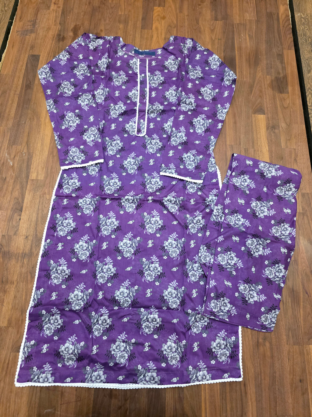 2 Piece Lawn Suit- Purple/Silver grey Floral Print