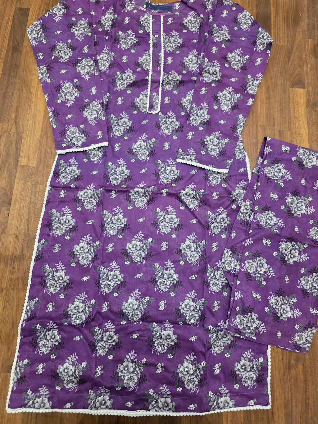 2 Piece Lawn Suit- Purple/Silver grey Floral Print