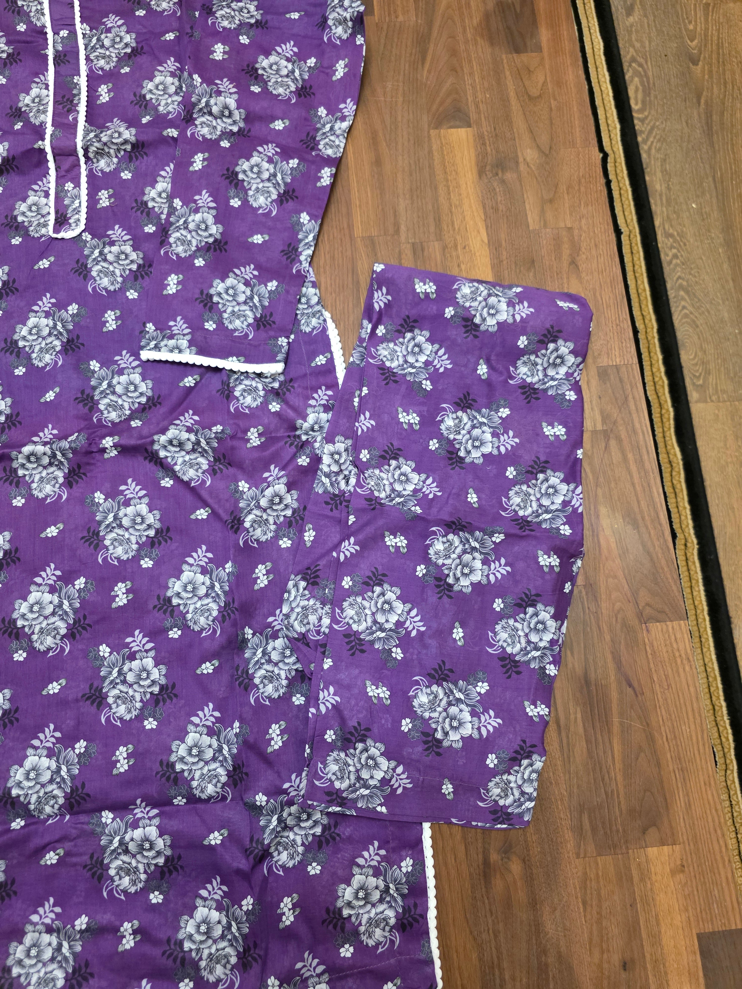2 Piece Lawn Suit- Purple/Silver grey Floral Print
