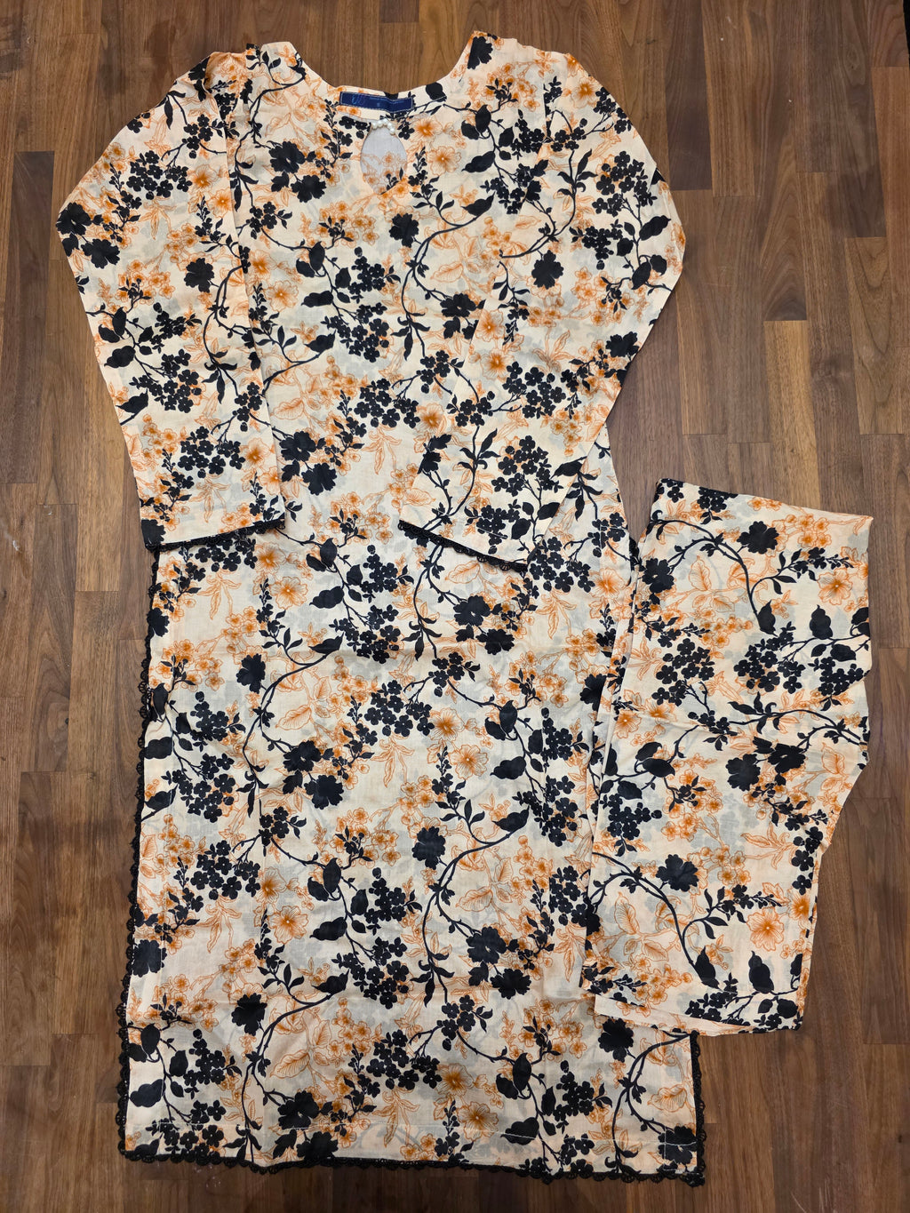 2 Piece Lawn Suit- Cream/Black Floral Print