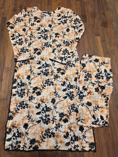 2 Piece Lawn Suit- Cream/Black Floral Print