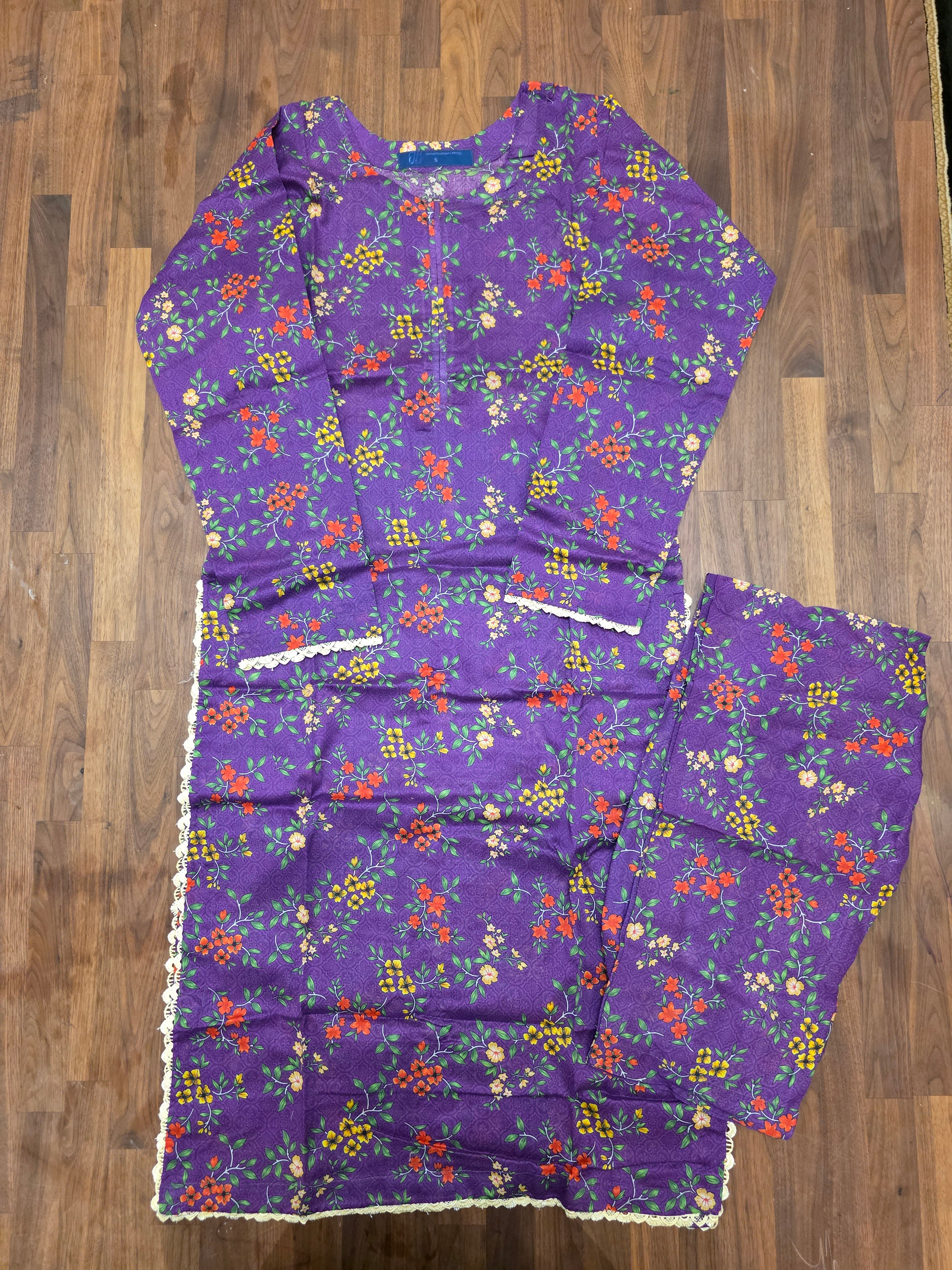 2 Piece Lawn Suit- Purple/Orange/ Yellow Floral Print