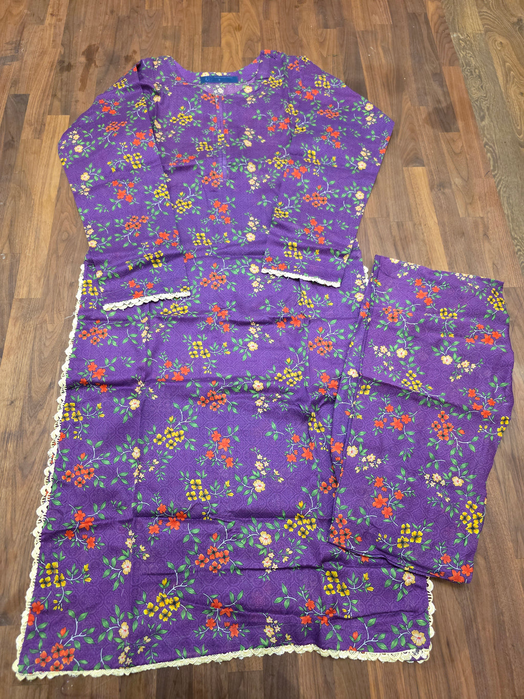 2 Piece Lawn Suit- Purple/Orange/ Yellow Floral Print