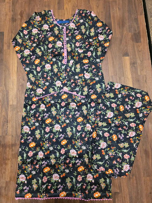 2 Piece Lawn Suit- Black\ Light Pink Flowers