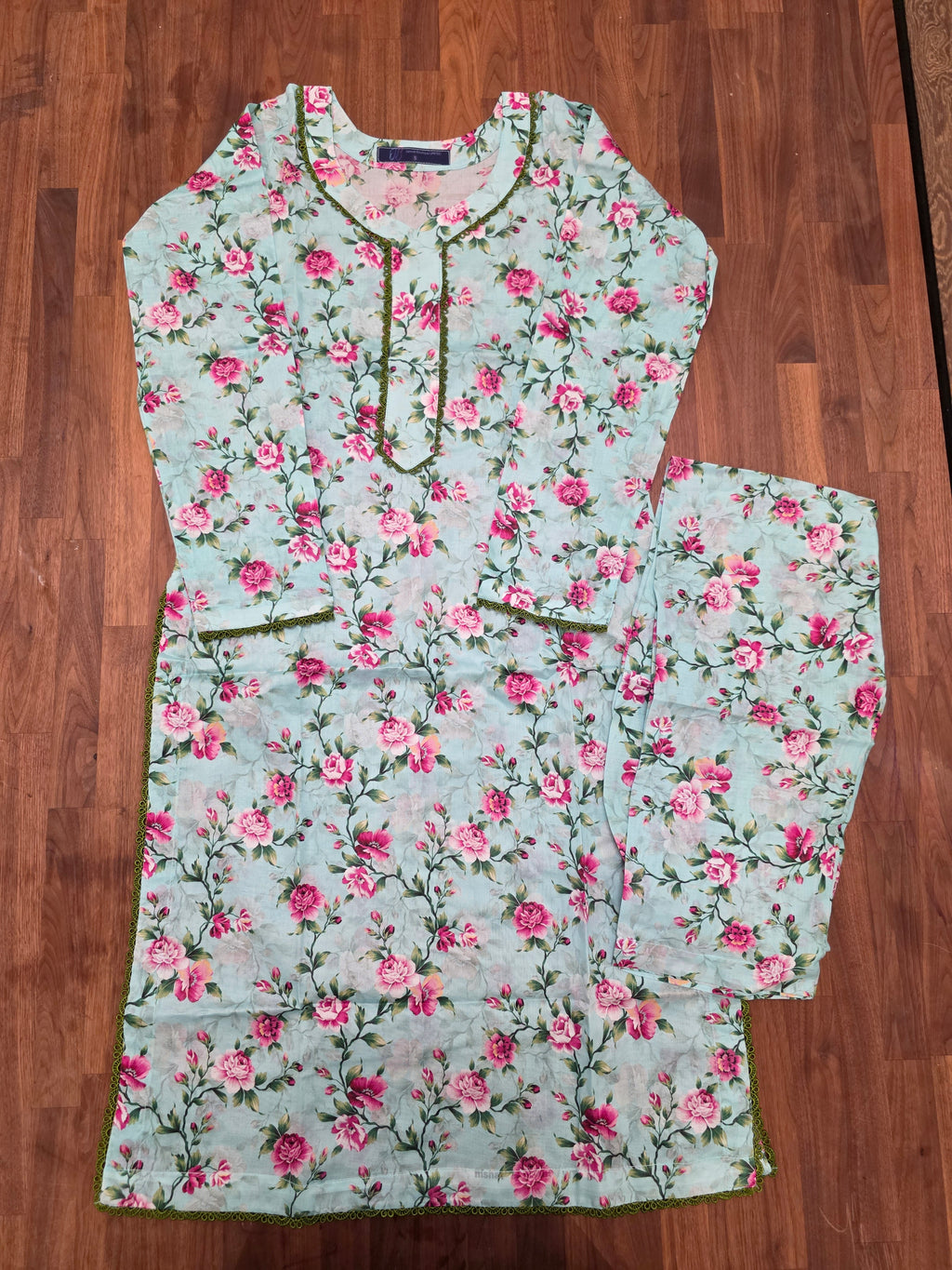 2 Piece Lawn Suit- Blue/ Pink Floral Print