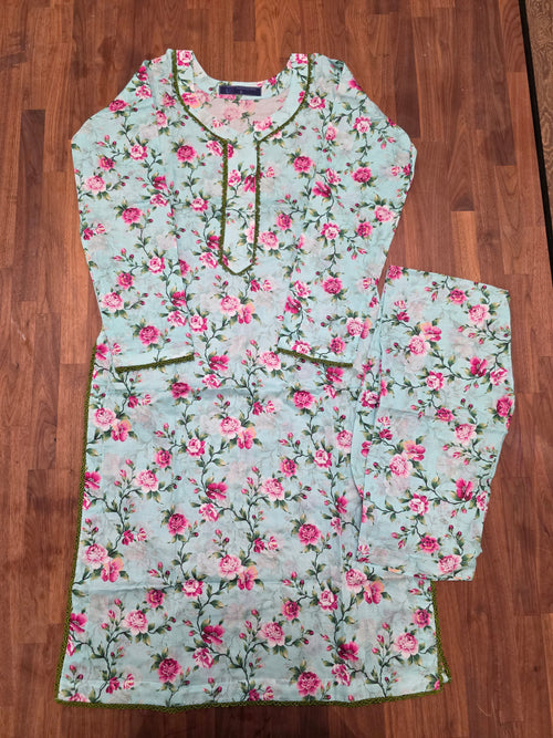 2 Piece Lawn Suit- Blue/ Pink Floral Print