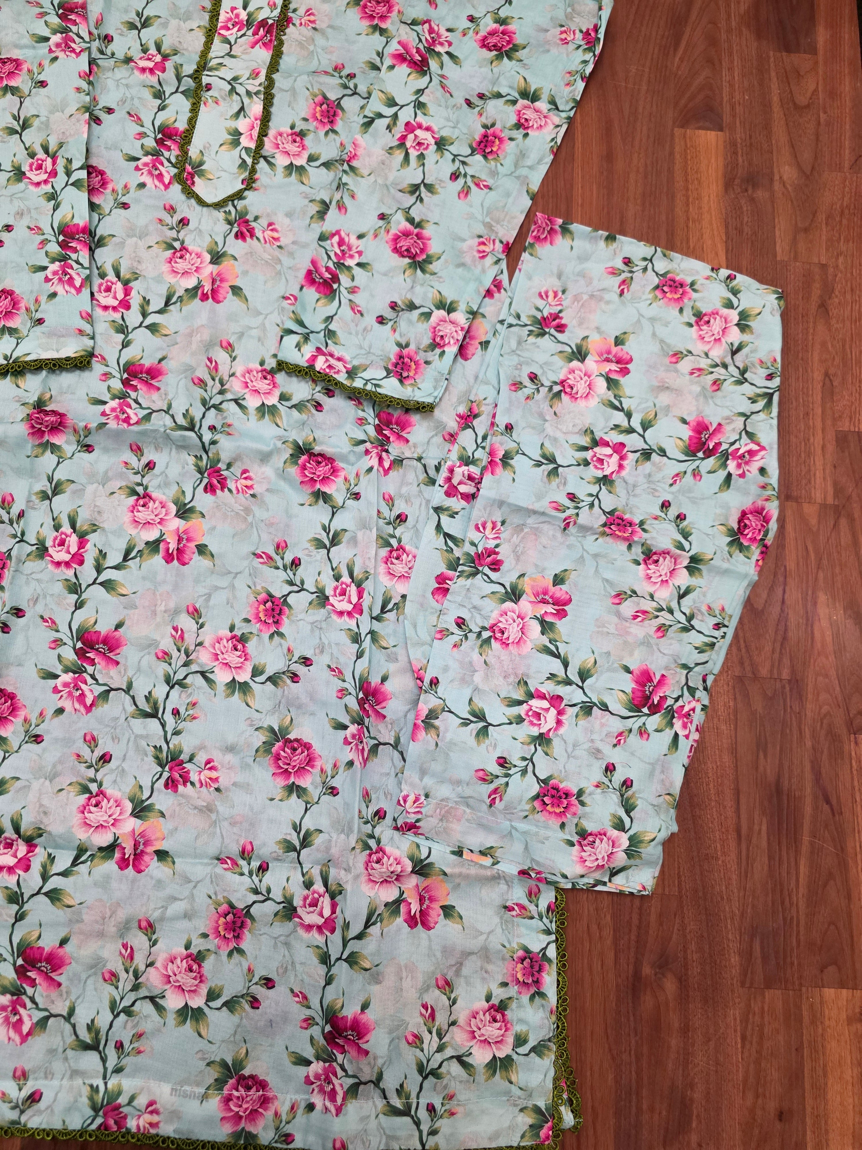 2 Piece Lawn Suit- Blue/ Pink Floral Print