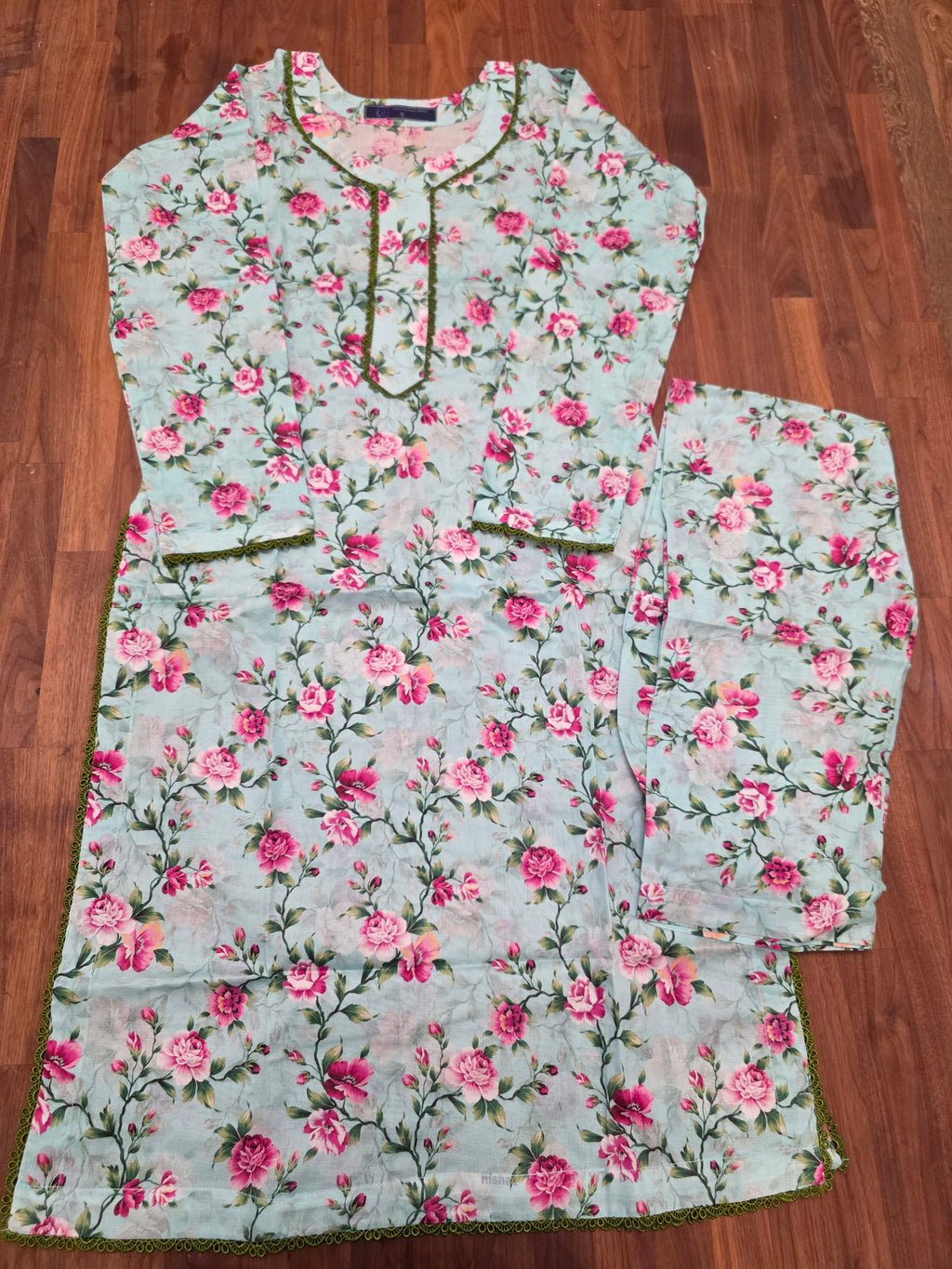2 Piece Lawn Suit- Blue/ Pink Floral Print