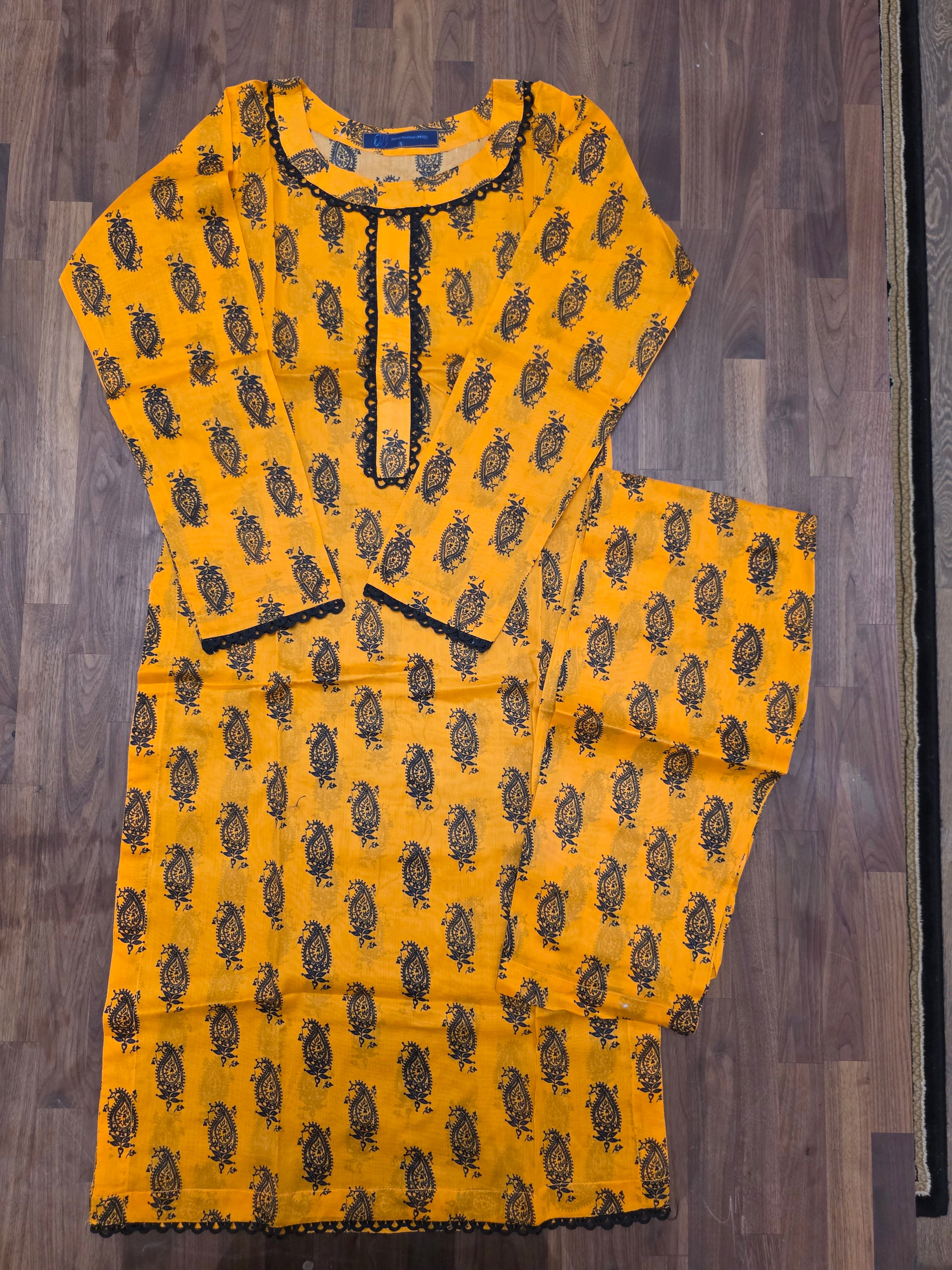 2 Piece Lawn Suit- Mustard Yellow/ Black Paisley Print