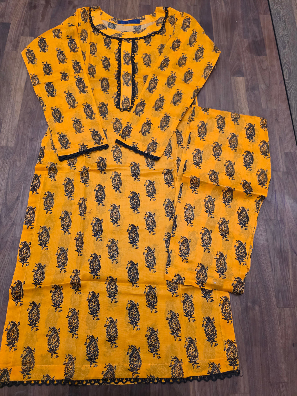 2 Piece Lawn Suit- Mustard Yellow/ Black Paisley Print