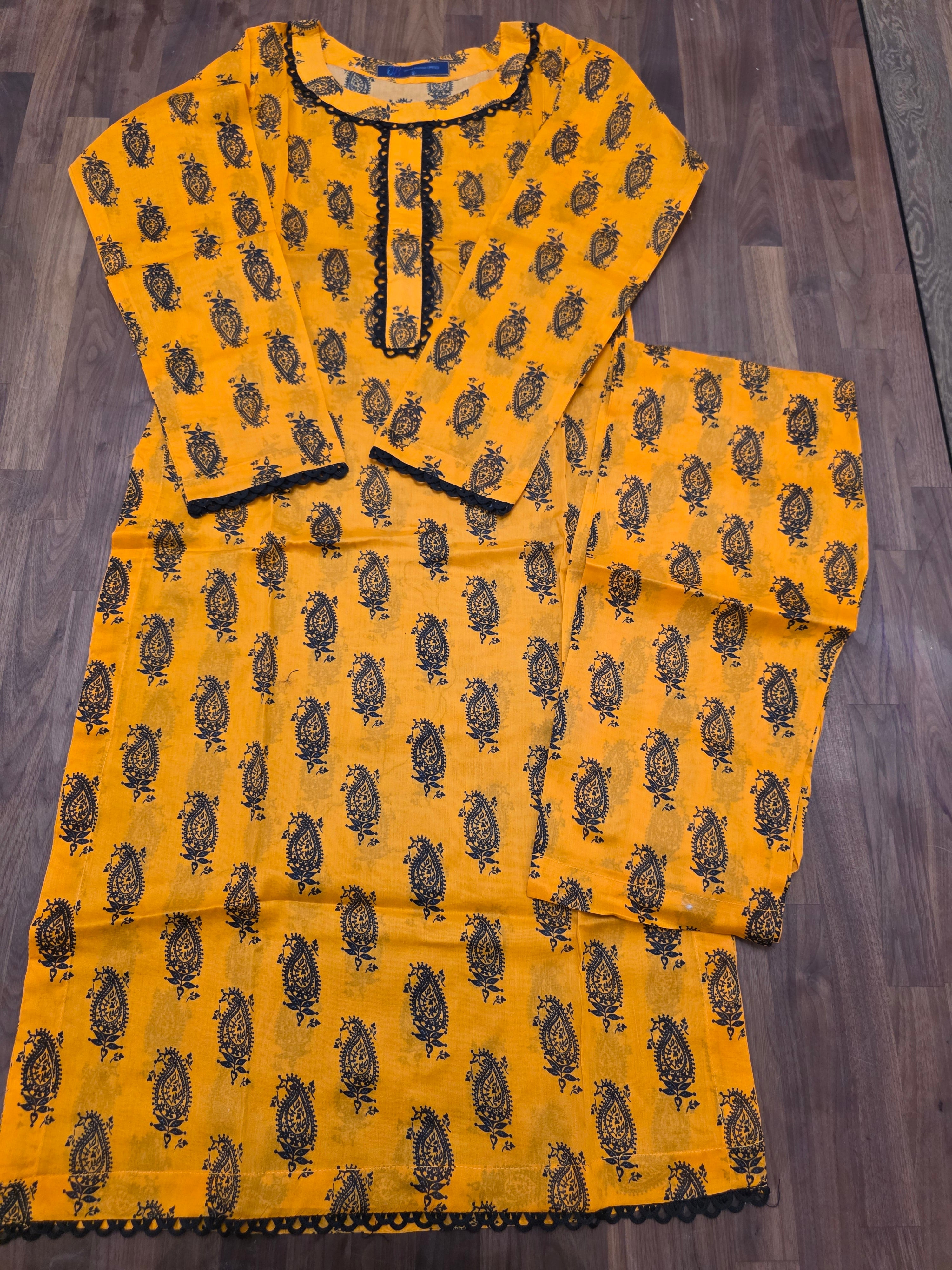 2 Piece Lawn Suit- Mustard Yellow/ Black Paisley Print