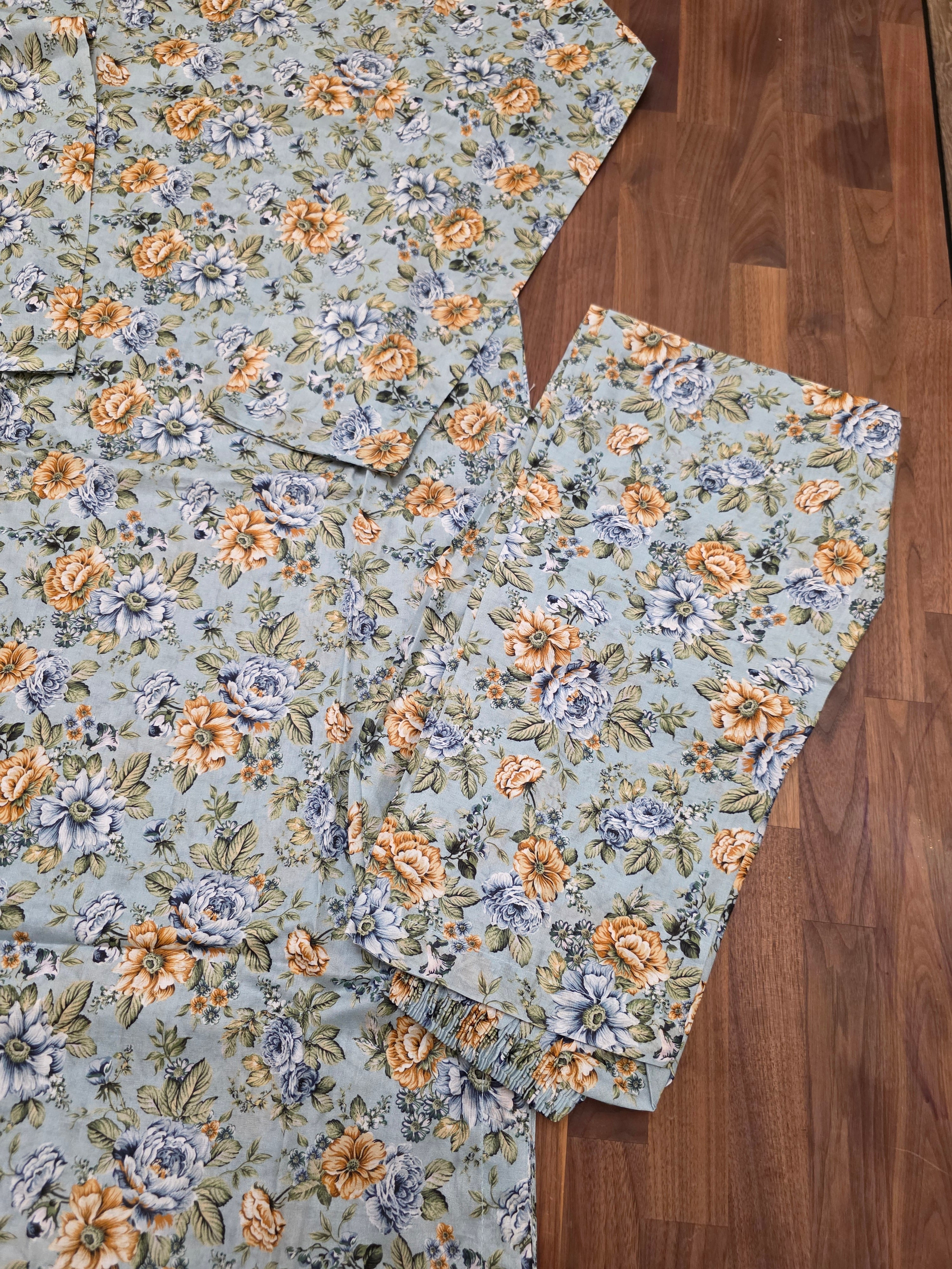 2 Peice Lawn Suit- Blue/Golden Floral Print