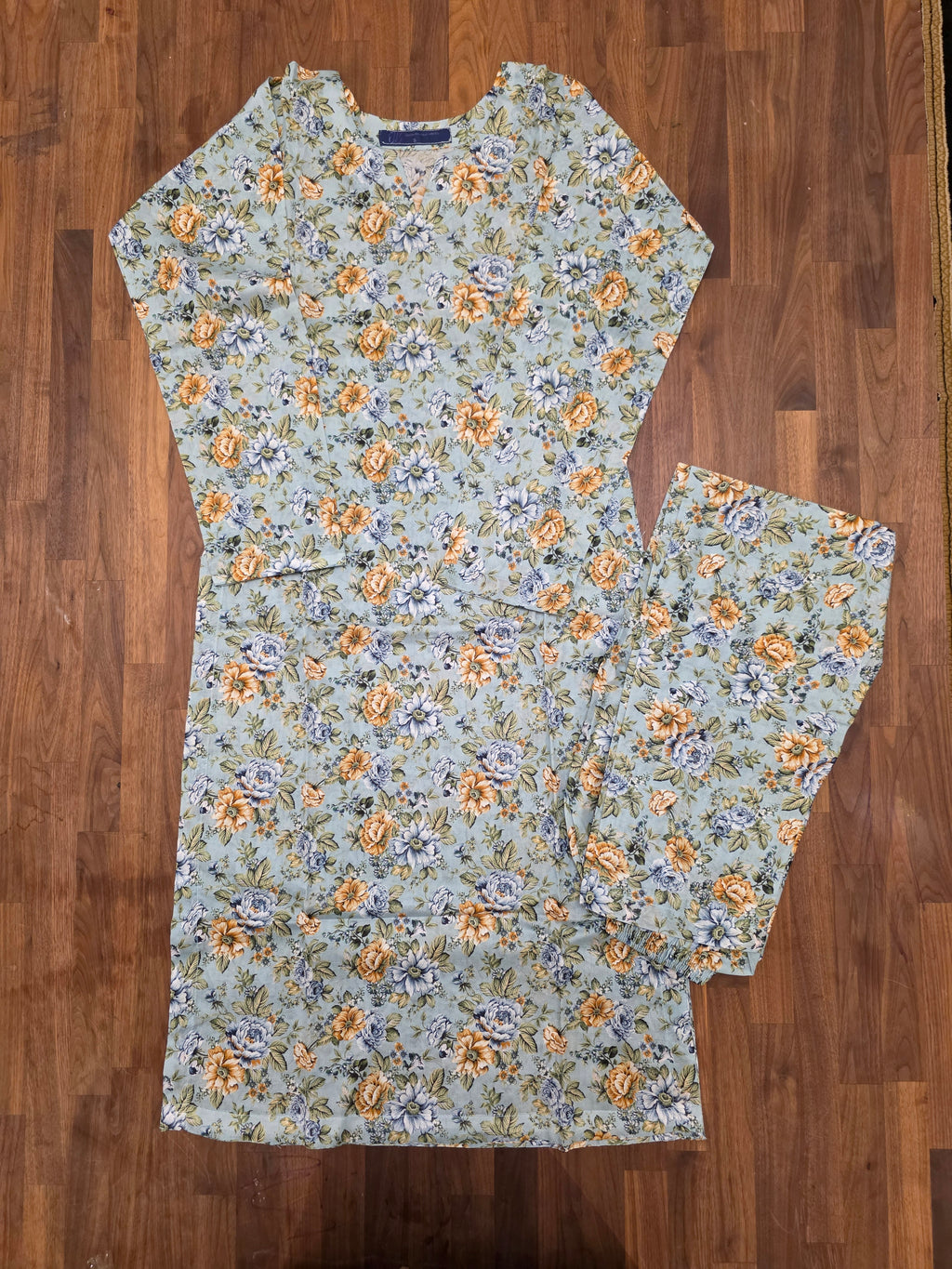 2 Peice Lawn Suit- Blue/Golden Floral Print