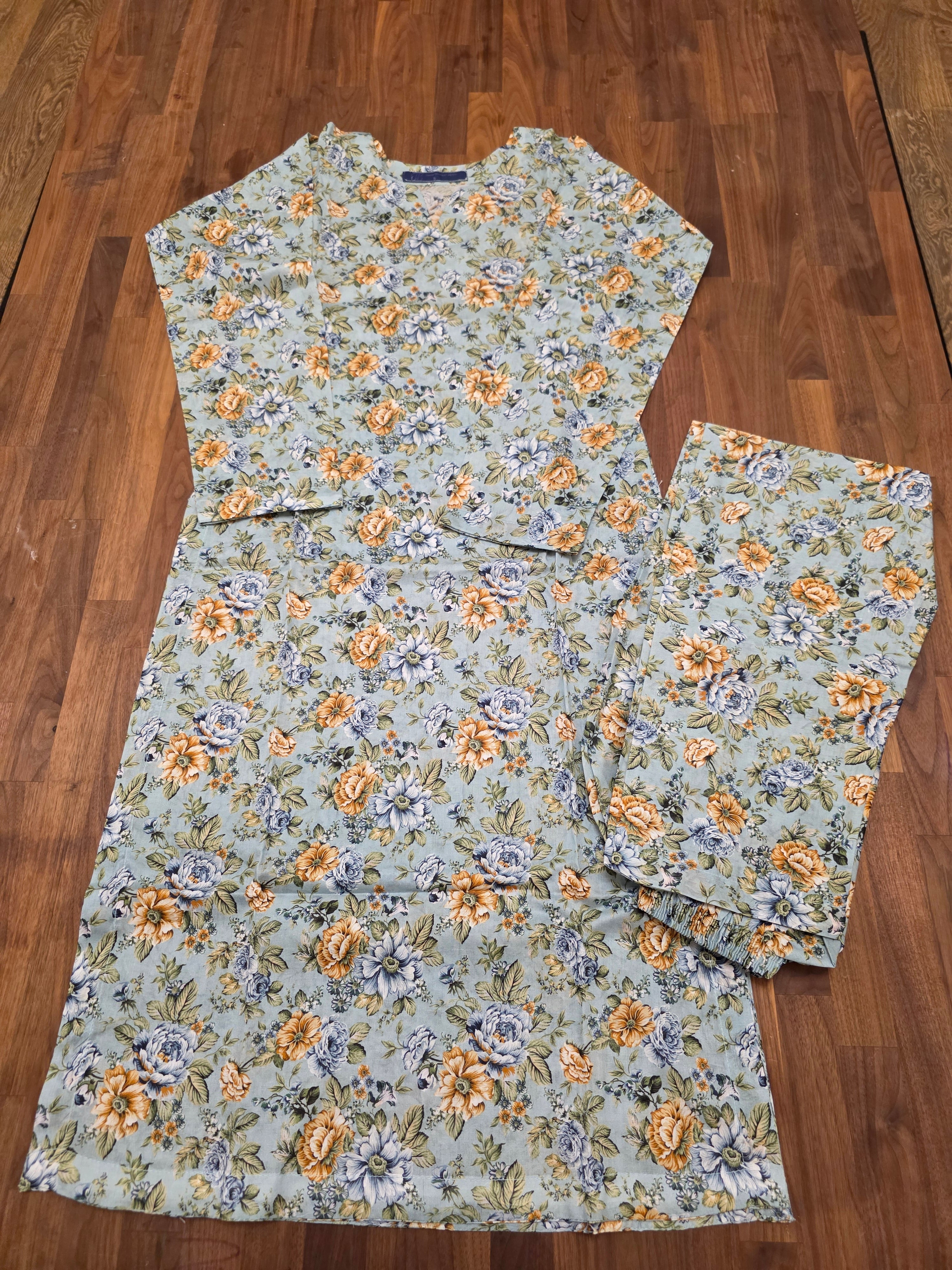 2 Peice Lawn Suit- Blue/Golden Floral Print