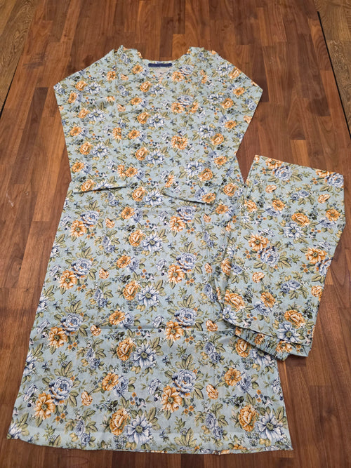 2 Peice Lawn Suit- Blue/Golden Floral Print