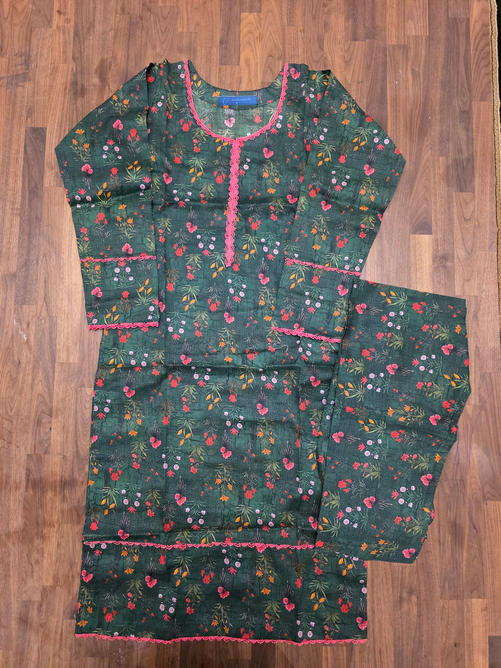 2 Piece Lawn Suit- Green\Pink Flowers