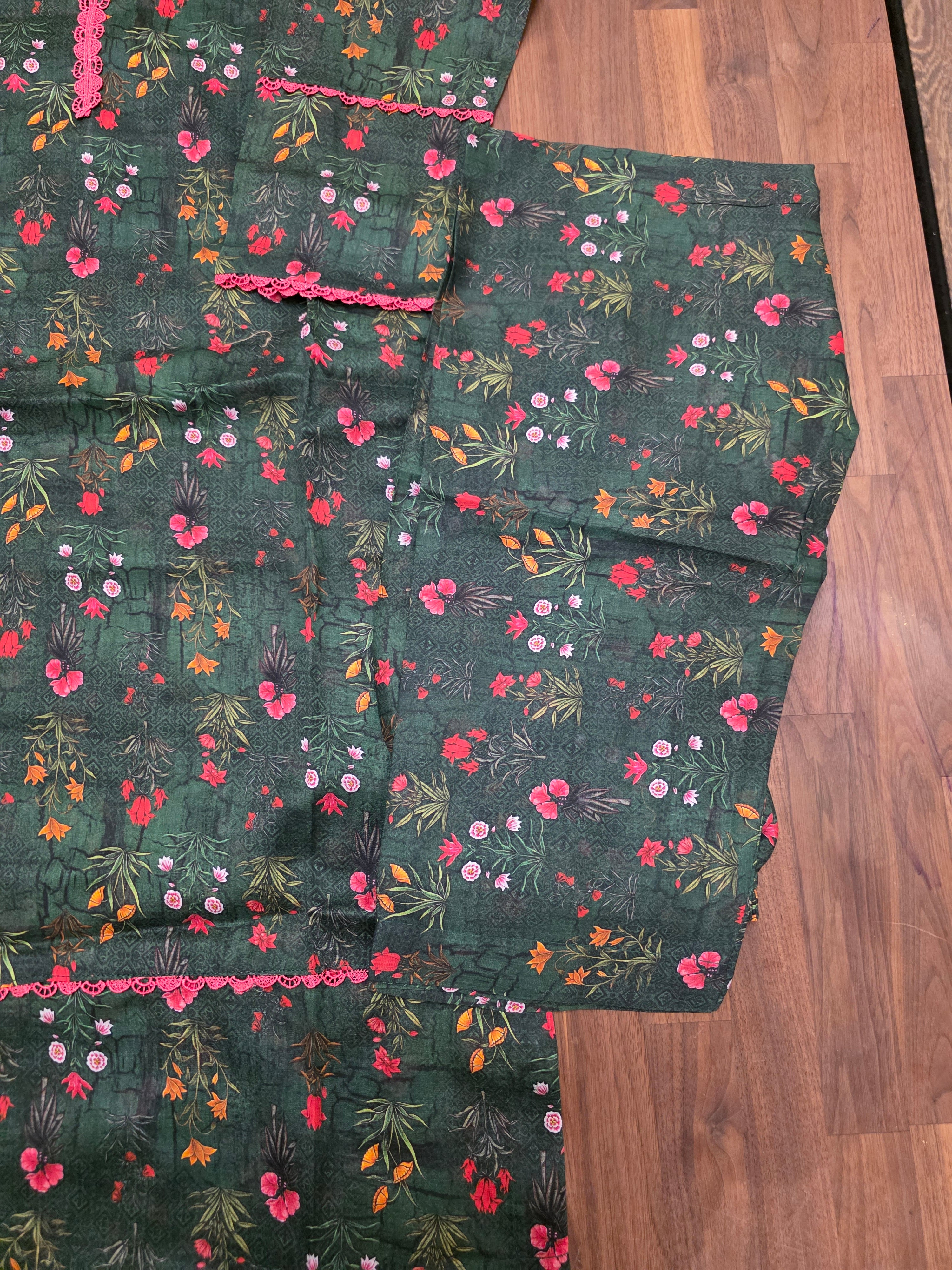2 Piece Lawn Suit- Green\Pink Flowers