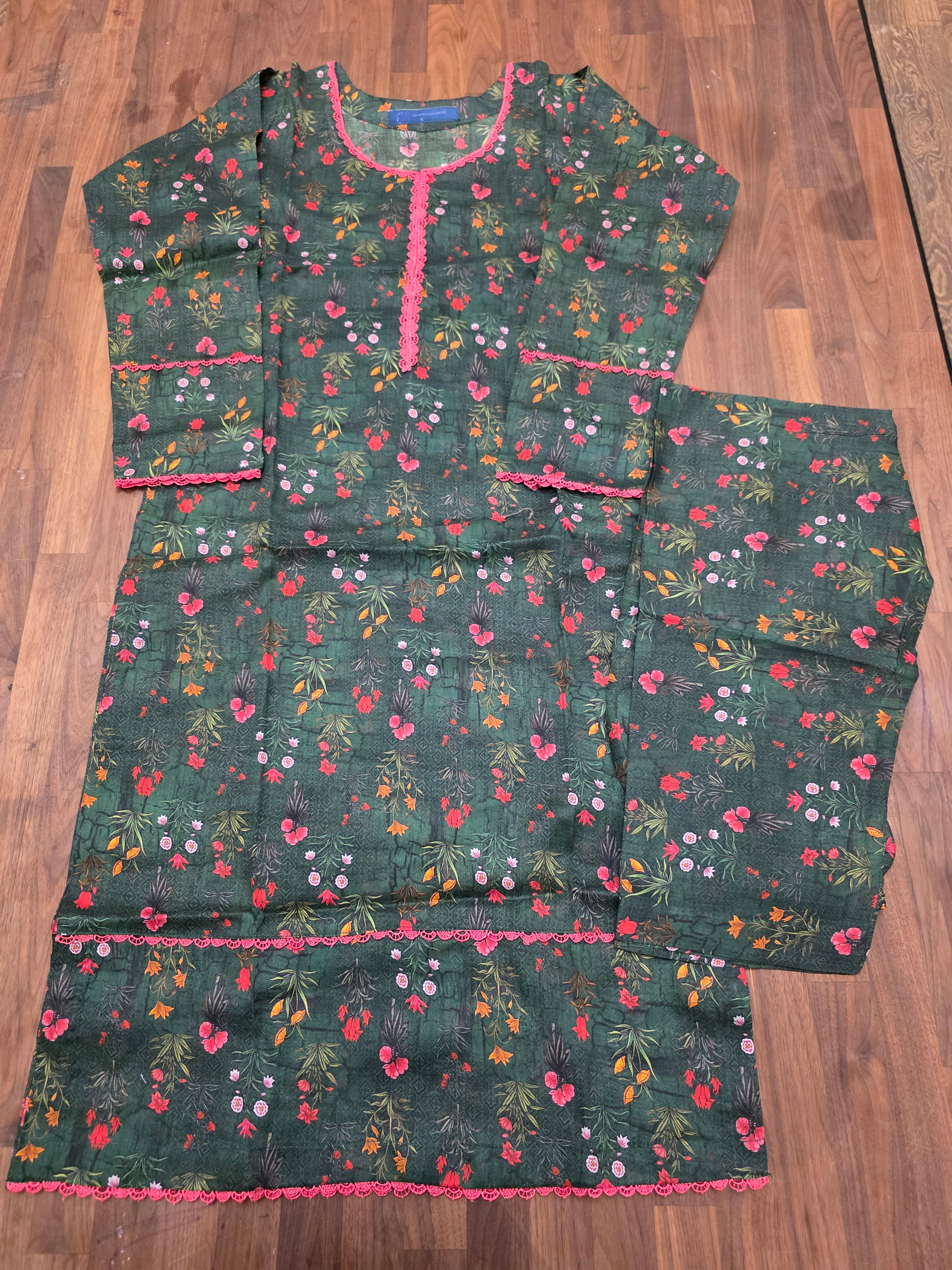 2 Piece Lawn Suit- Green\Pink Flowers