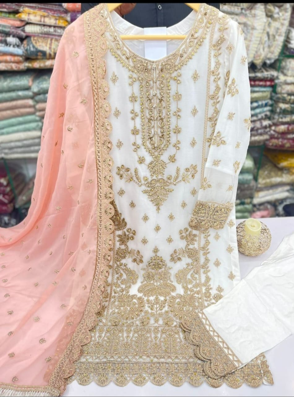 Chiffon 3 Piece Suit - White suit with Peach Duppatta