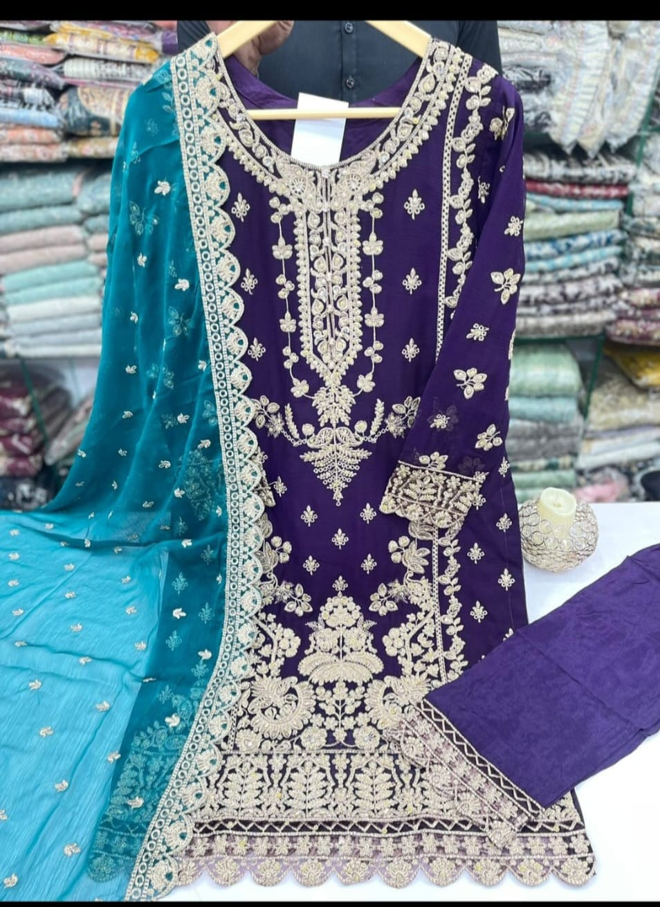 Chiffon 3 Peice suit- Purple with Teal Dupatta
