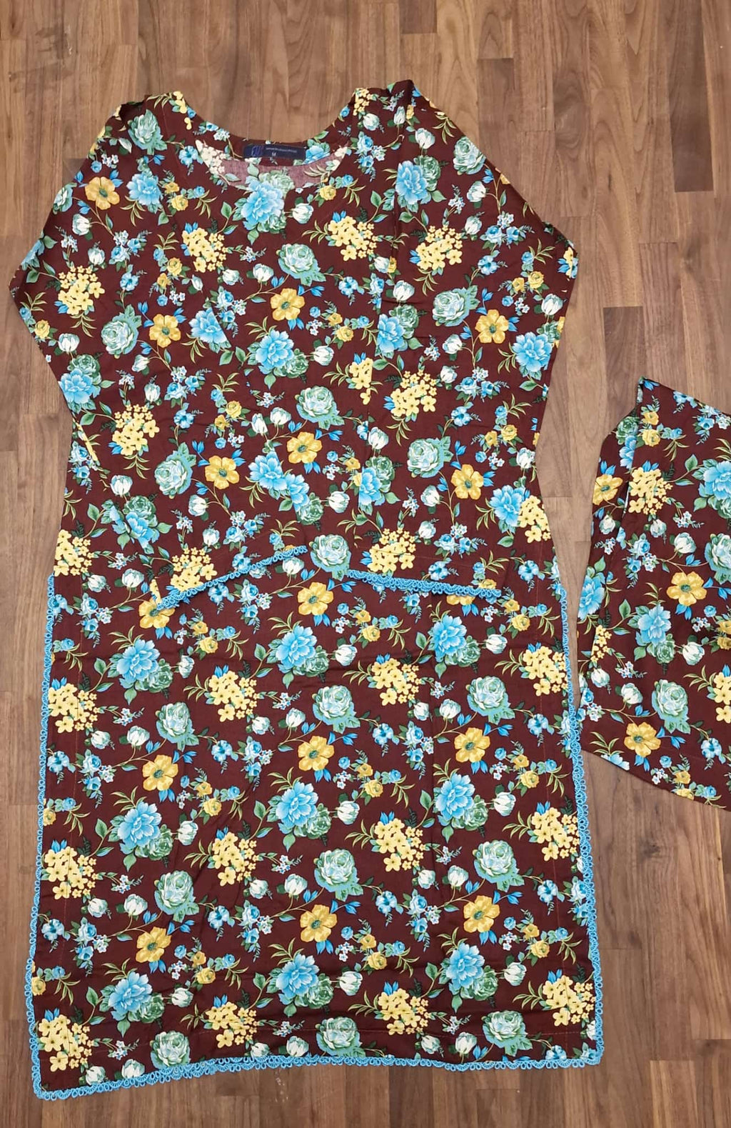 Linen Suit - Brown with blue/ yellow flowers