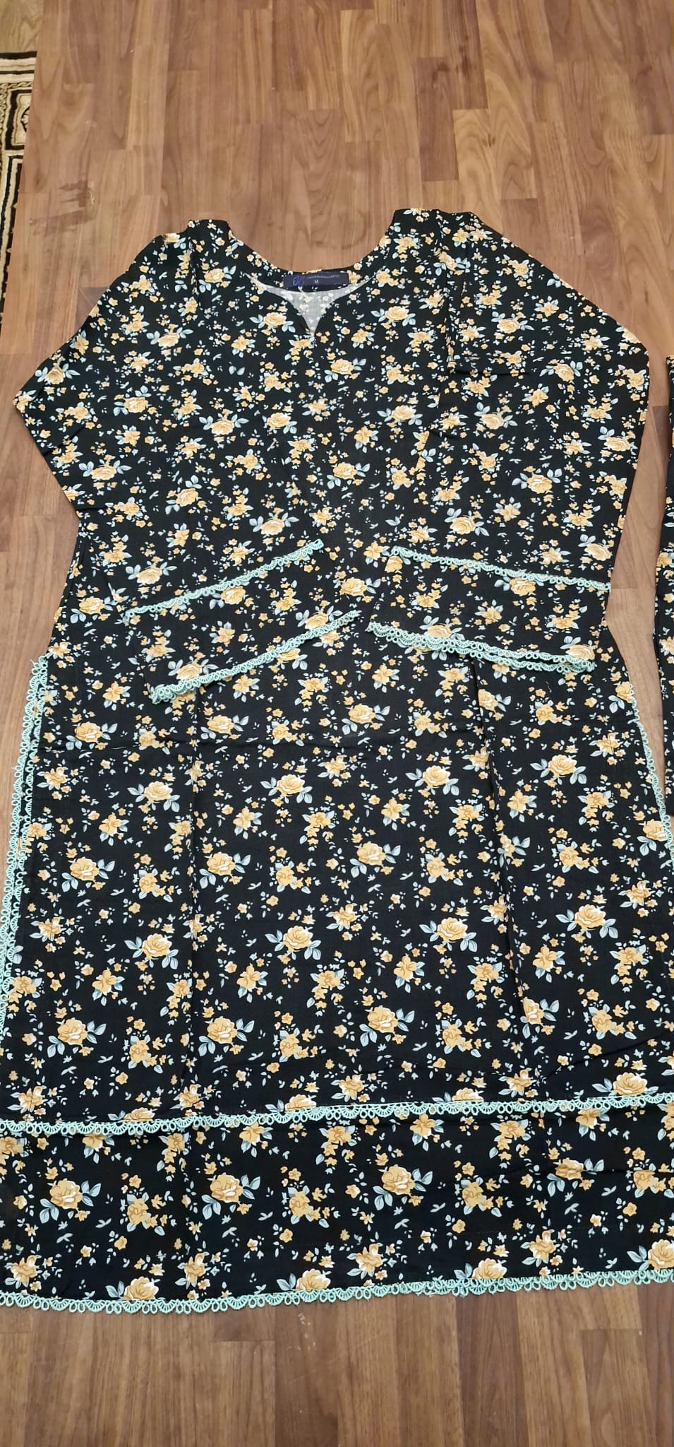 Linen 2 piece suit- Black with yellow/blue flowers