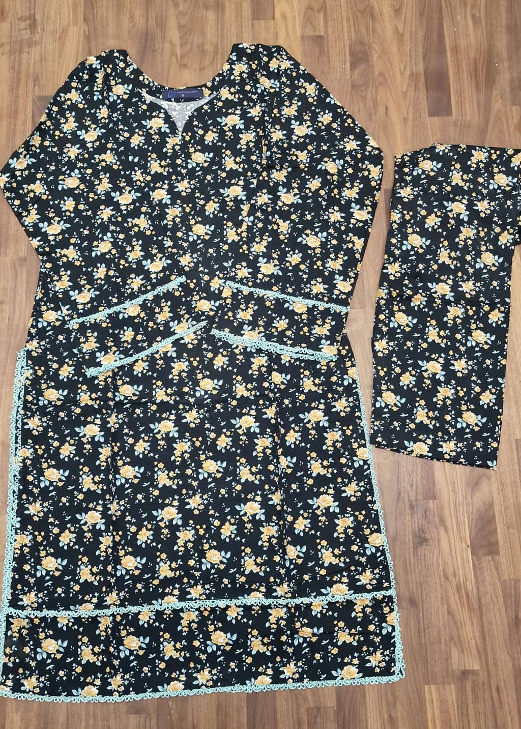 Linen 2 piece suit- Black with yellow/blue flowers