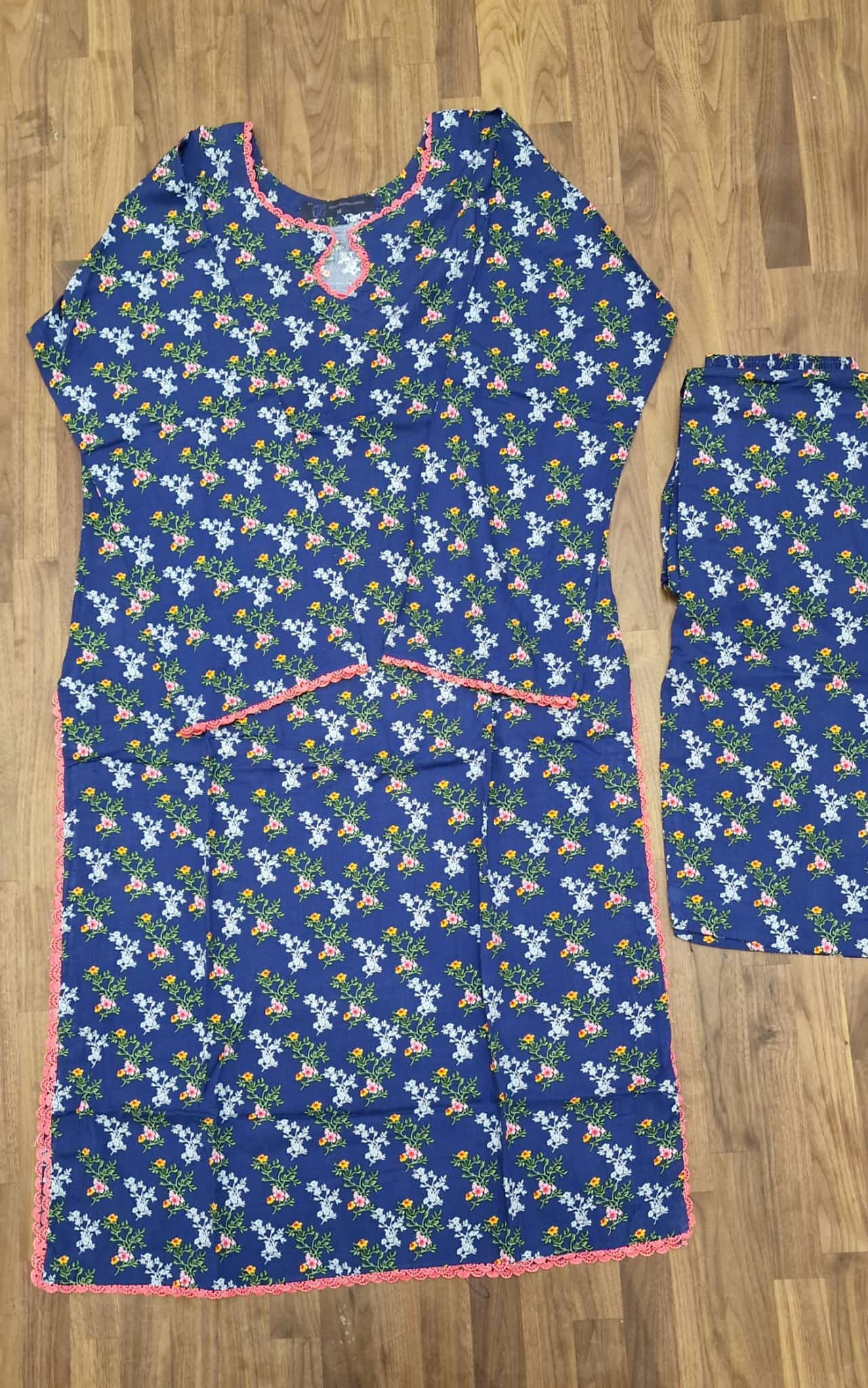 Linen 2 piece suit- Blue with white/yellow floral print