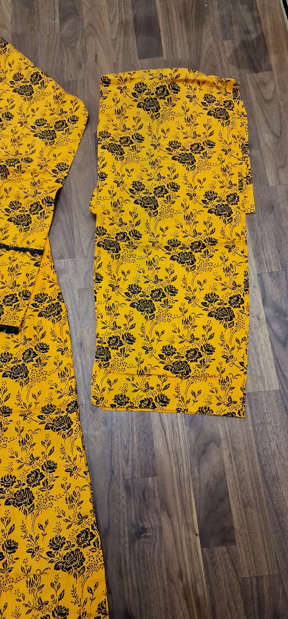 Linen 2 peice suit- mustard yellow / black floral print