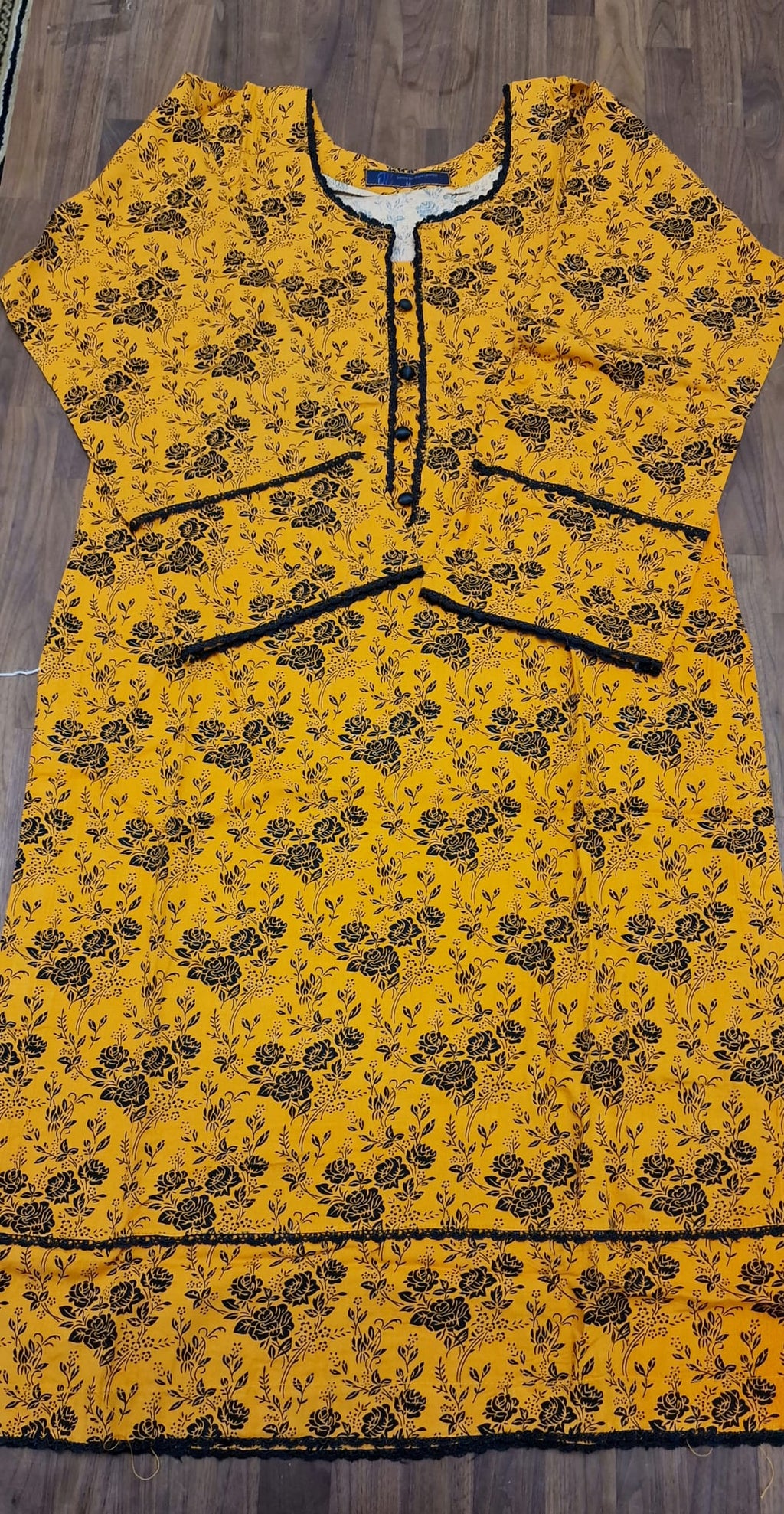 Linen 2 peice suit- mustard yellow / black floral print