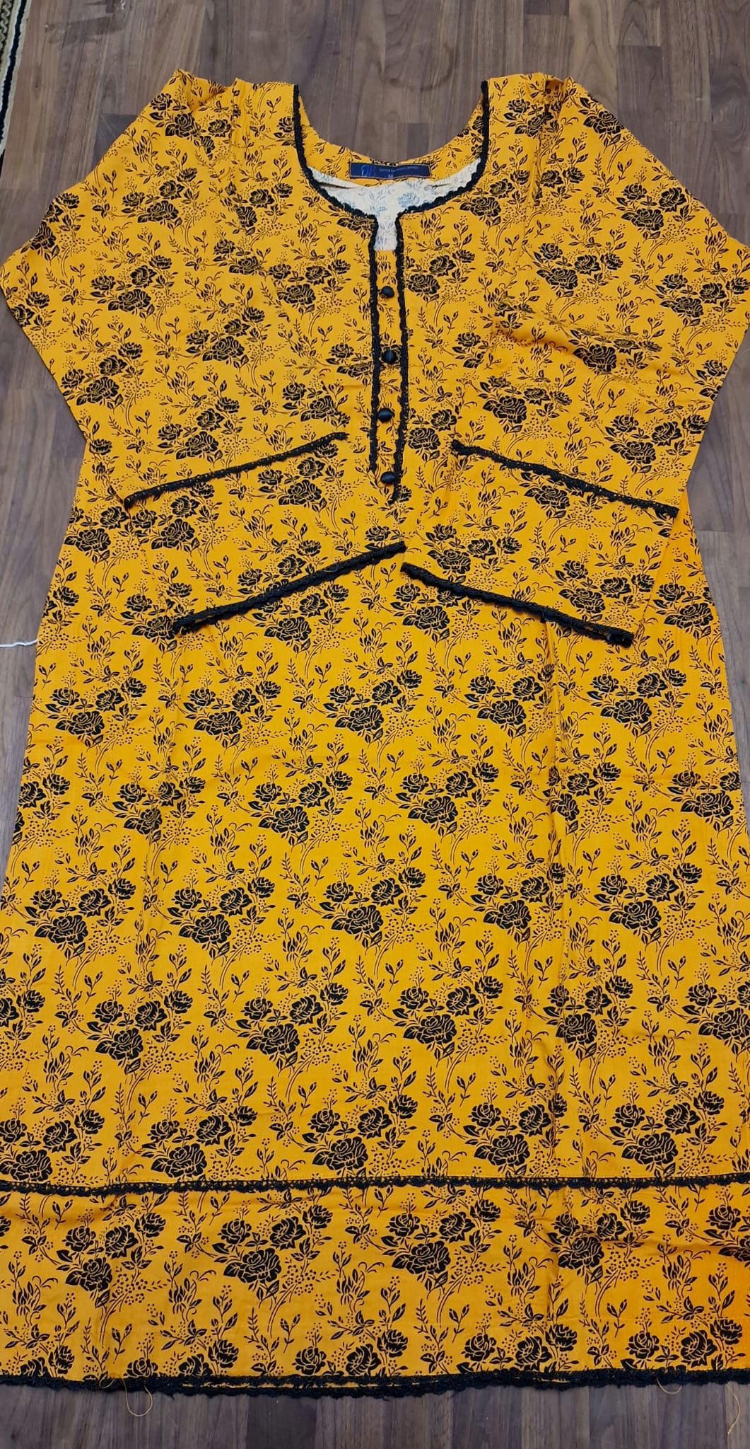 Linen 2 peice suit- mustard yellow / black floral print