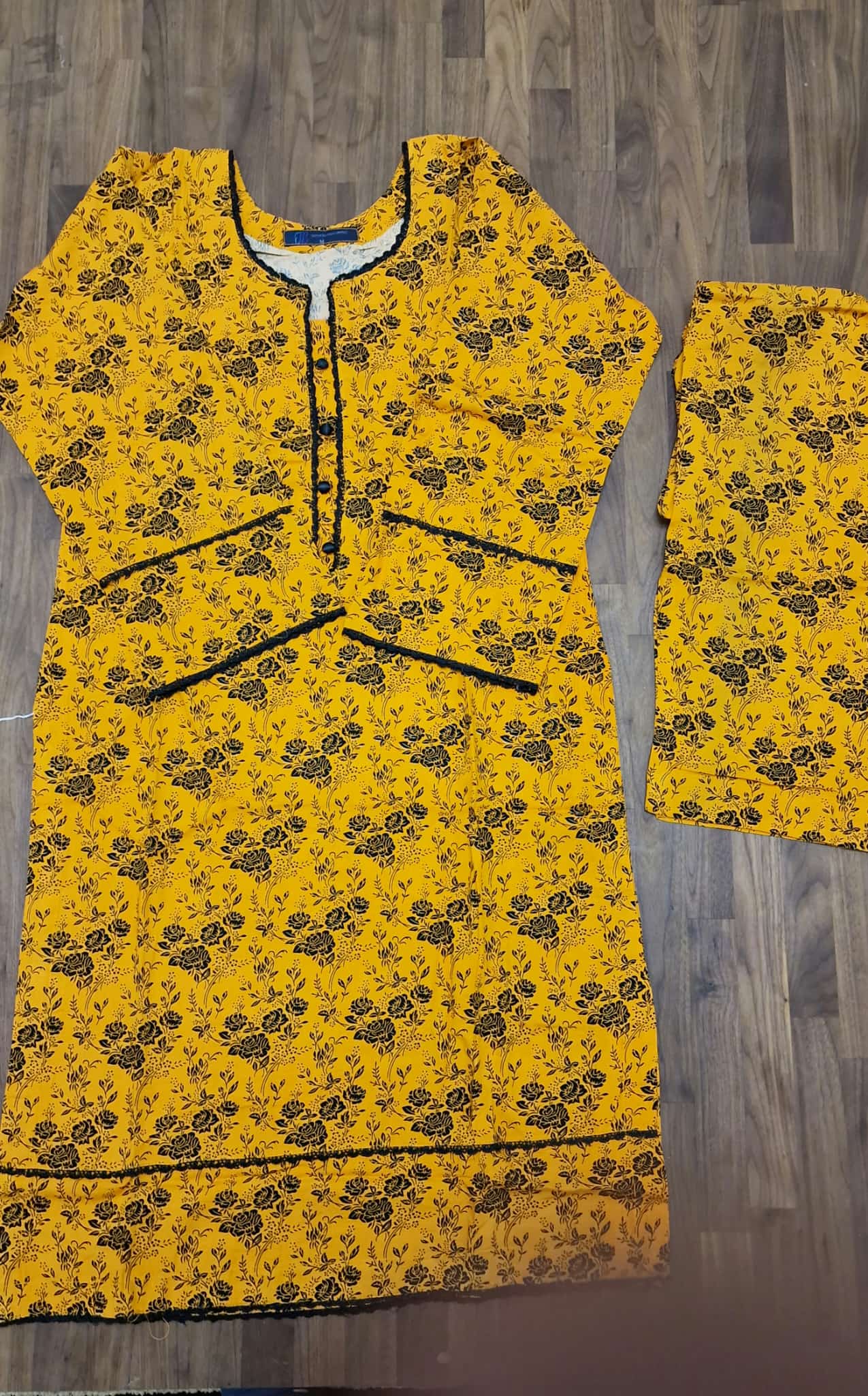 Linen 2 peice suit- mustard yellow / black floral print