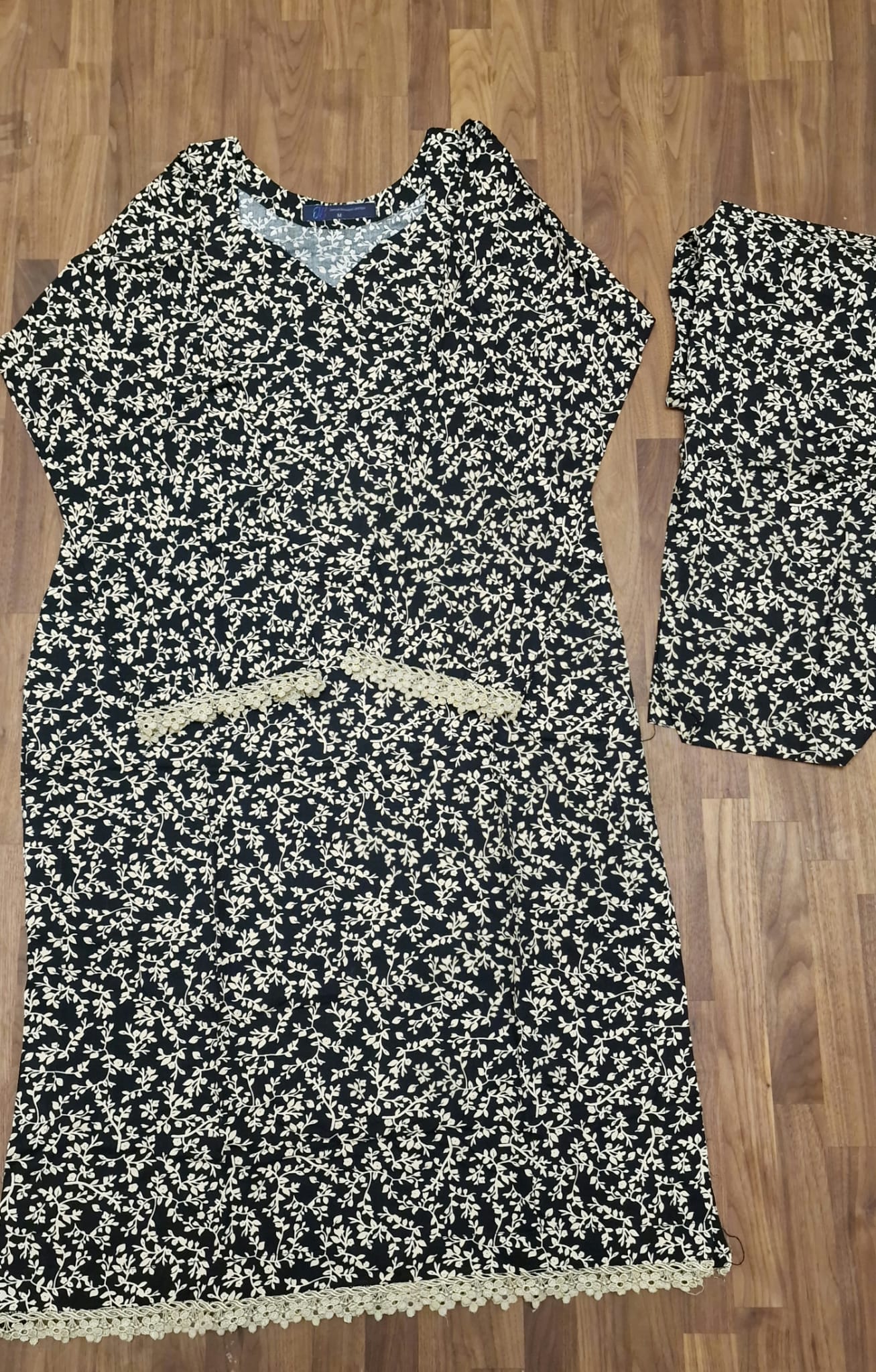 Linen 2 peice Suit- black with Cream floral design