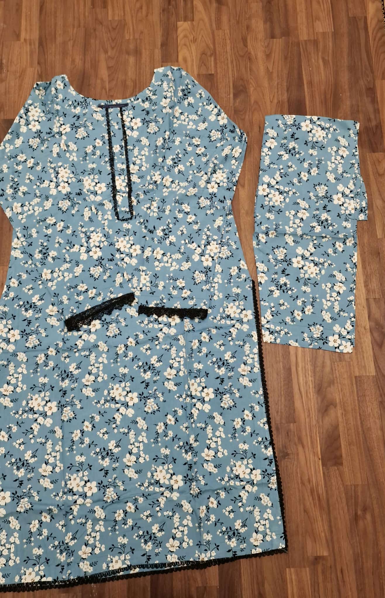 Linen 2 Piece Suit-  Powder blue with white flowers
