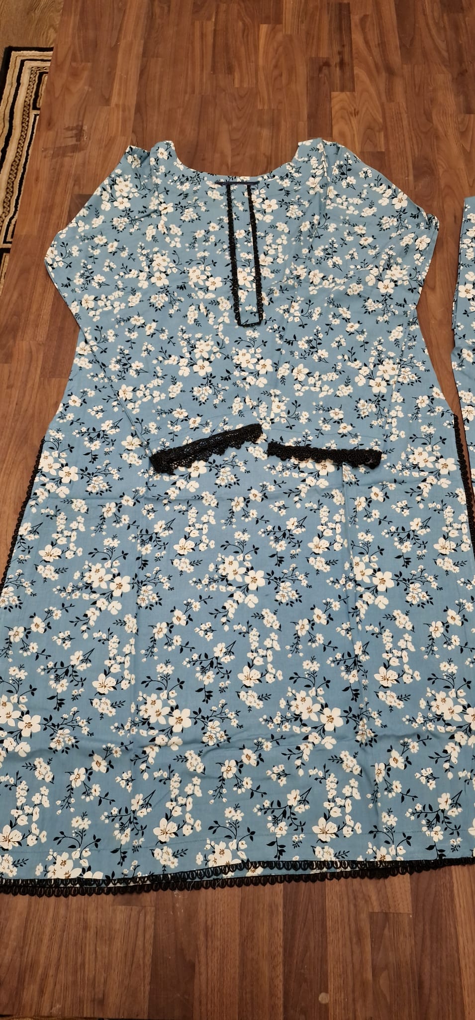 Linen 2 Piece Suit-  Powder blue with white flowers